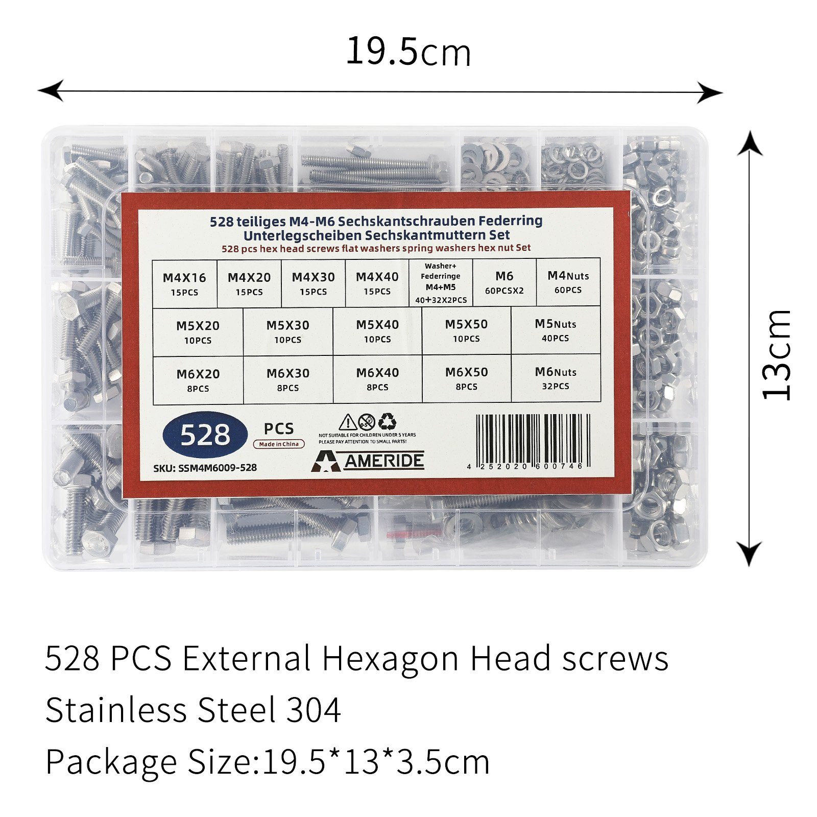 Natsen St), 528pcs M4 M6 M5 Schrauben Edelstahl Unterlegscheiden Muttern, Silber Schrauben-Set, Sechskantschrauben (528 Sortiment,