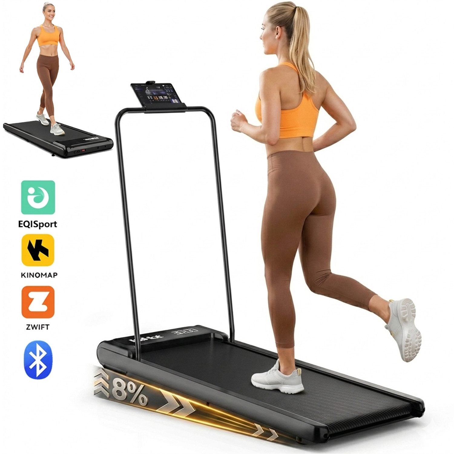 kehot Laufband Laufband mit 8% steigung,2–8 km/h, Abnehmbarem Haltegriff, LED Display (Walking Pad für Zuhause und Büro, mit leisem Motor, Bluetooth App, 4-stufige Neigungsanpassung für effektives Cardio Training), Kompaktes Fitness Laufband mit EQISport,