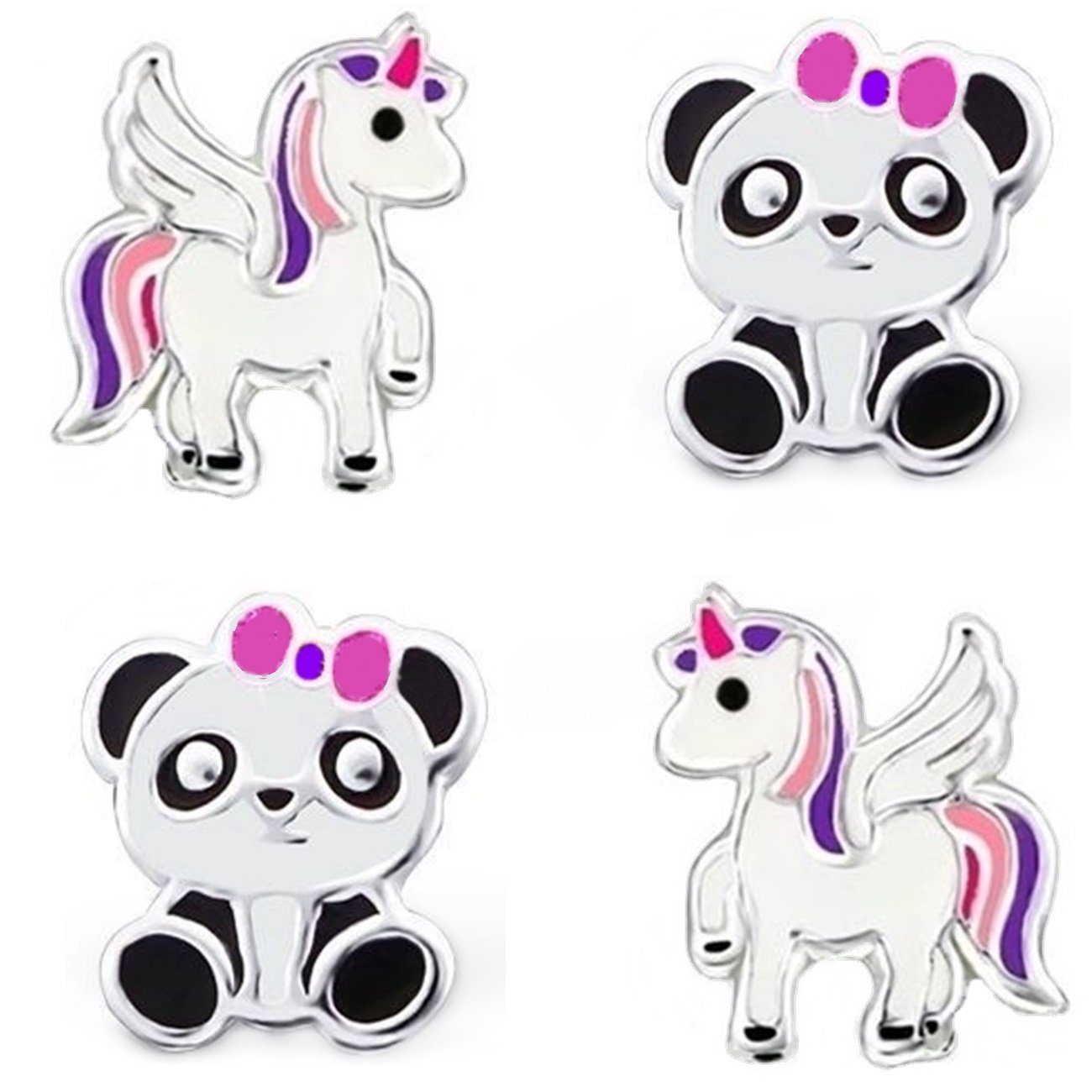 Goldene Hufeisen Ohrstecker-Set 2 Paar Set Mädchen Kinder Ohrstecker Einhorn Pandabär 925 Silber (2 Paar Set, inkl. Etui), Kinderschmuck, Mädchen Ohrringe