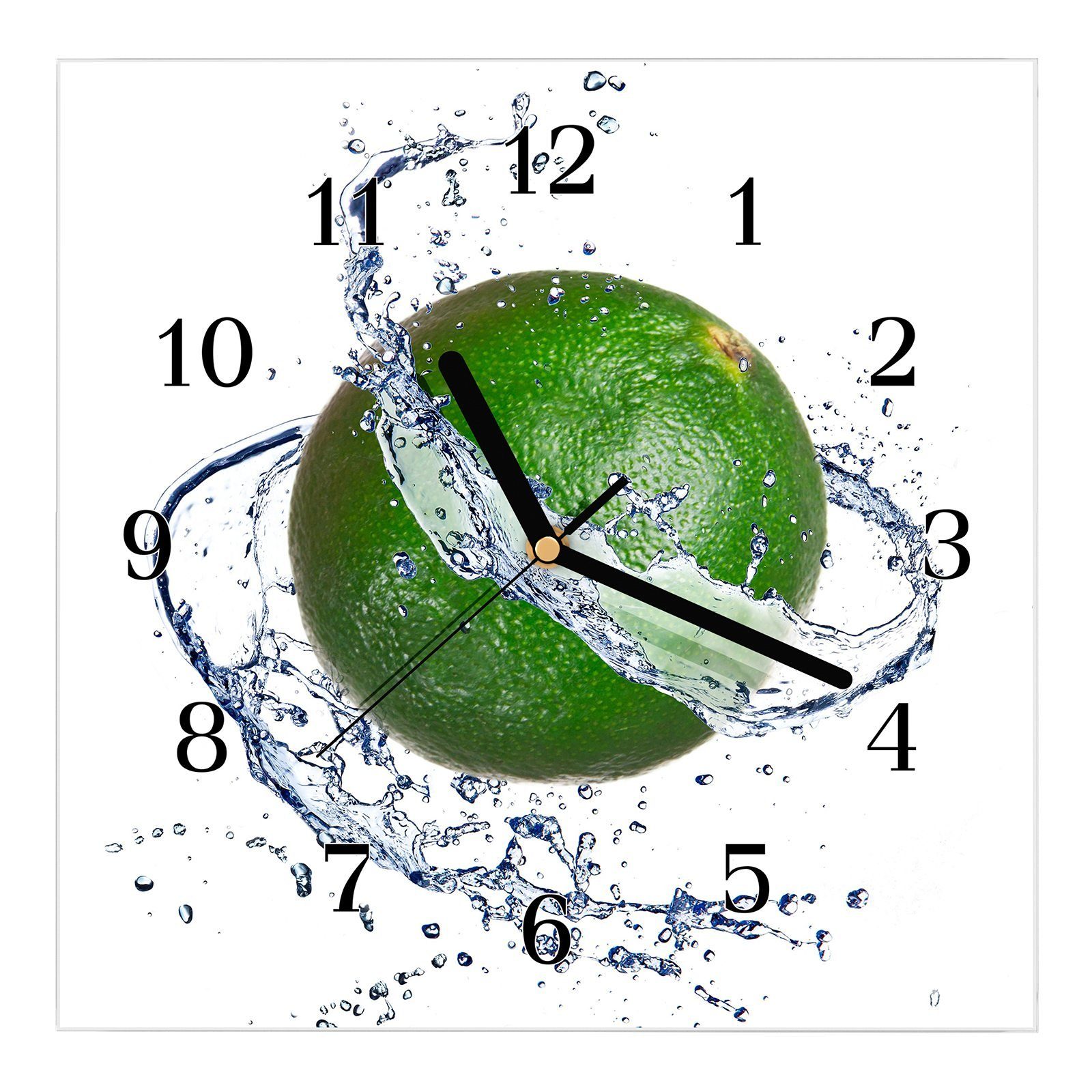 Primedeco Wanduhr Glasuhr x Wassersplash Wanduhr Wandkunst Motiv cm 30 auf Limette 30 Größe mit