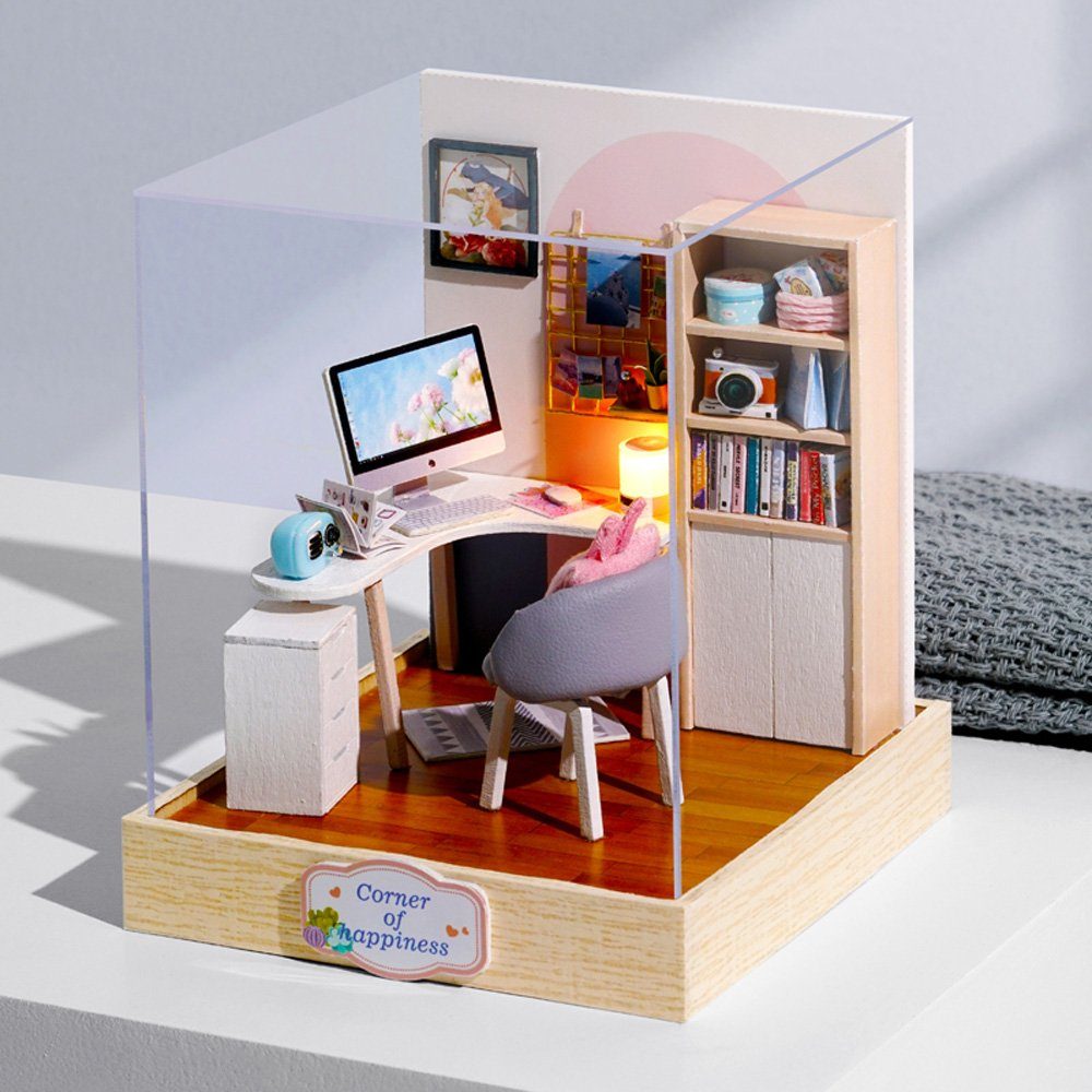 Cute Room 3D-Puzzle Puzzleteile, zum hölzernes Szenen DIY mit Modellbausatz Puppenhaus Miniatur Mini Miniaturhaus 3D-Puzzle, Möbeln 1:24, Arbeitsecke, basteln-Serie-Mini