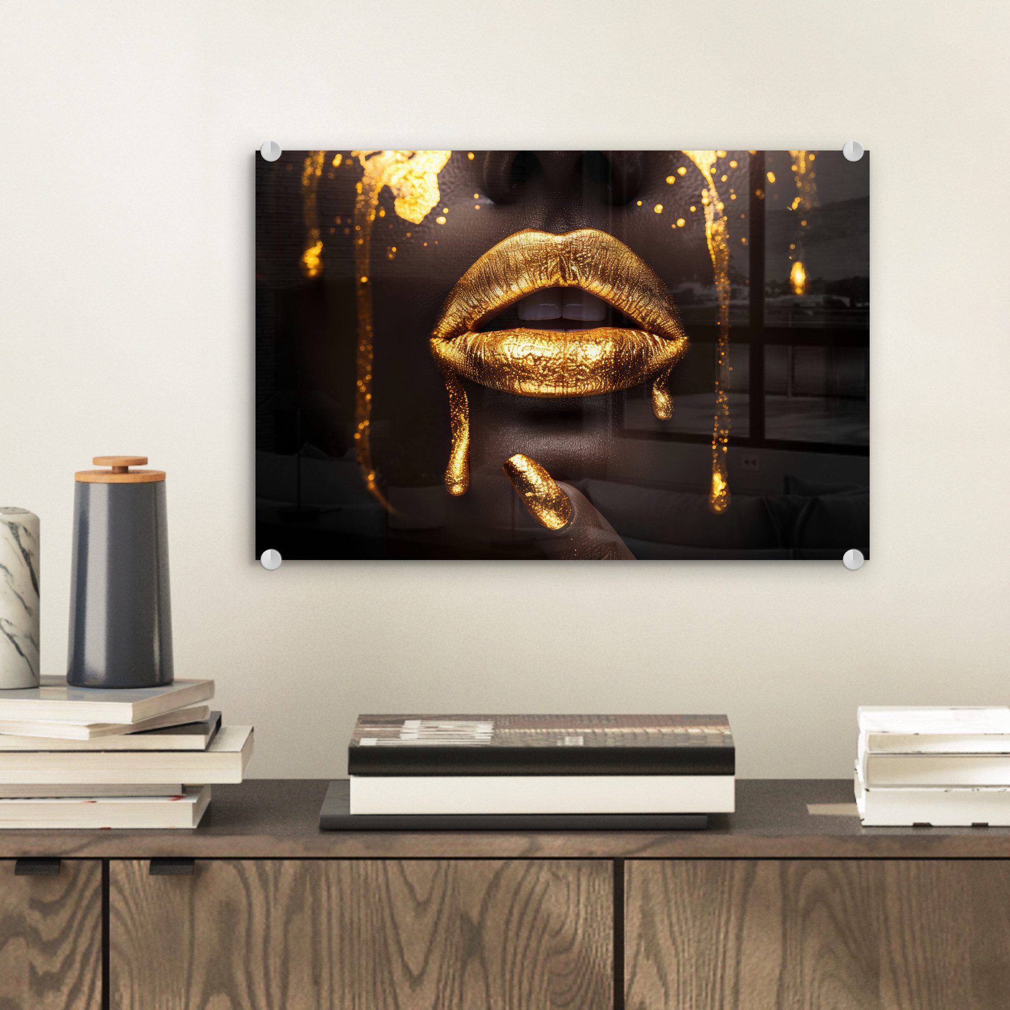 MuchoWow Acrylglasbild Goldene Lippen - Gesicht günstig online kaufen