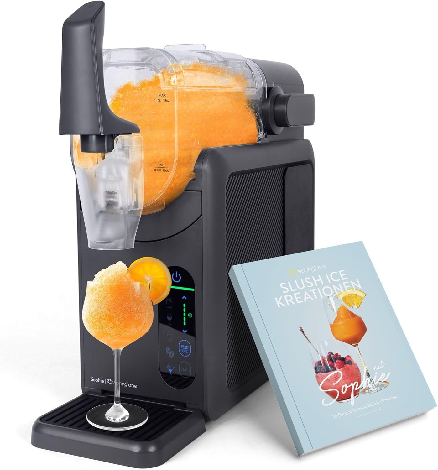 Springlane Slush-Eismaschine Sophie, 5-in-1 Slushmaker, 1,2 Liter, Quickfreeze, Rezeptbuch, Geräuscharm, Selbstreinigung, einstellbare Konsistenz, 12h kühlhalten