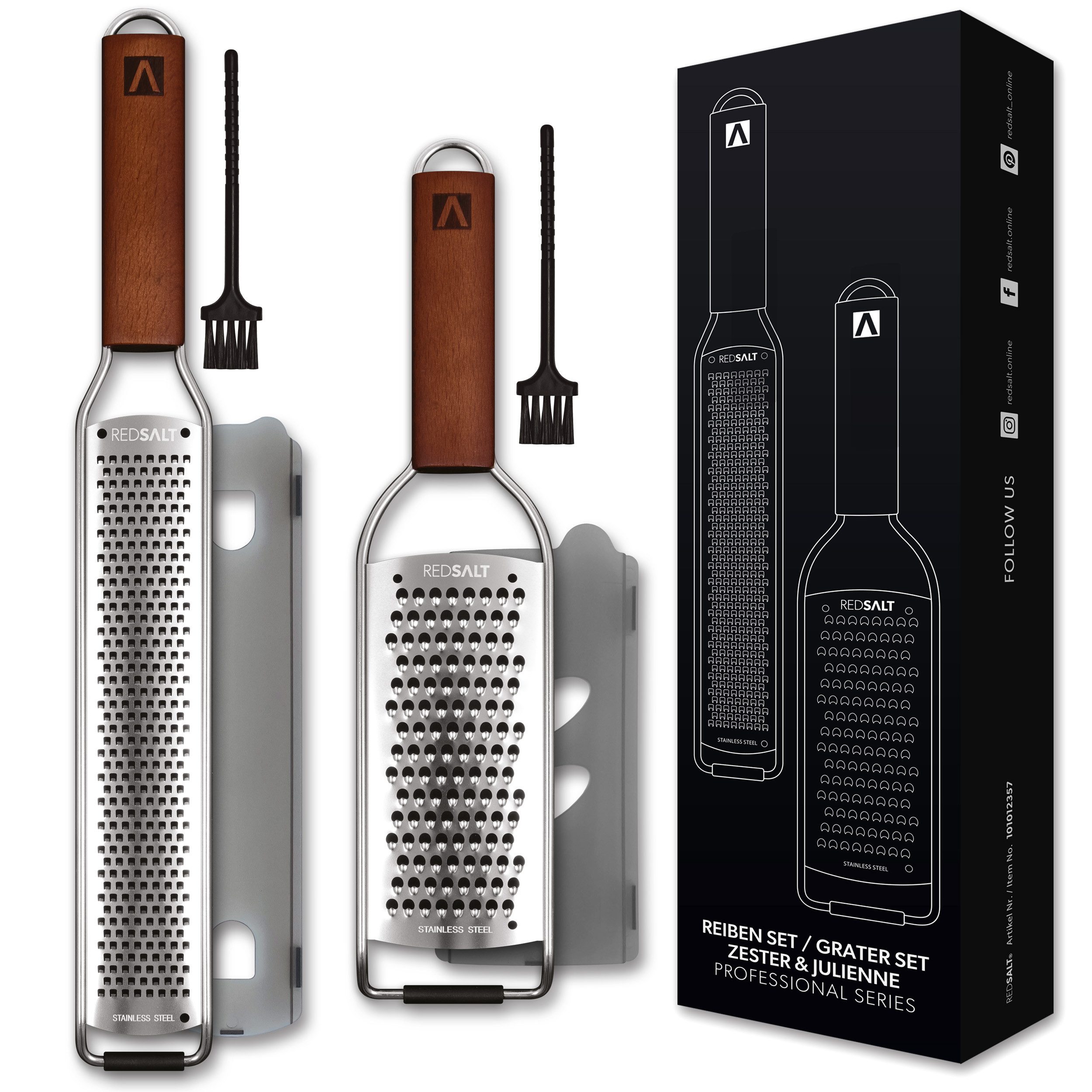 REDSALT® Küchenreibe Edelstahl Reiben Set mit Holzgriff, Profi Küchenreiben, Set Zester + Julienne Reibe, Feine rostfreie Edelstahl Klinge in INOX 18/10 Qualität
