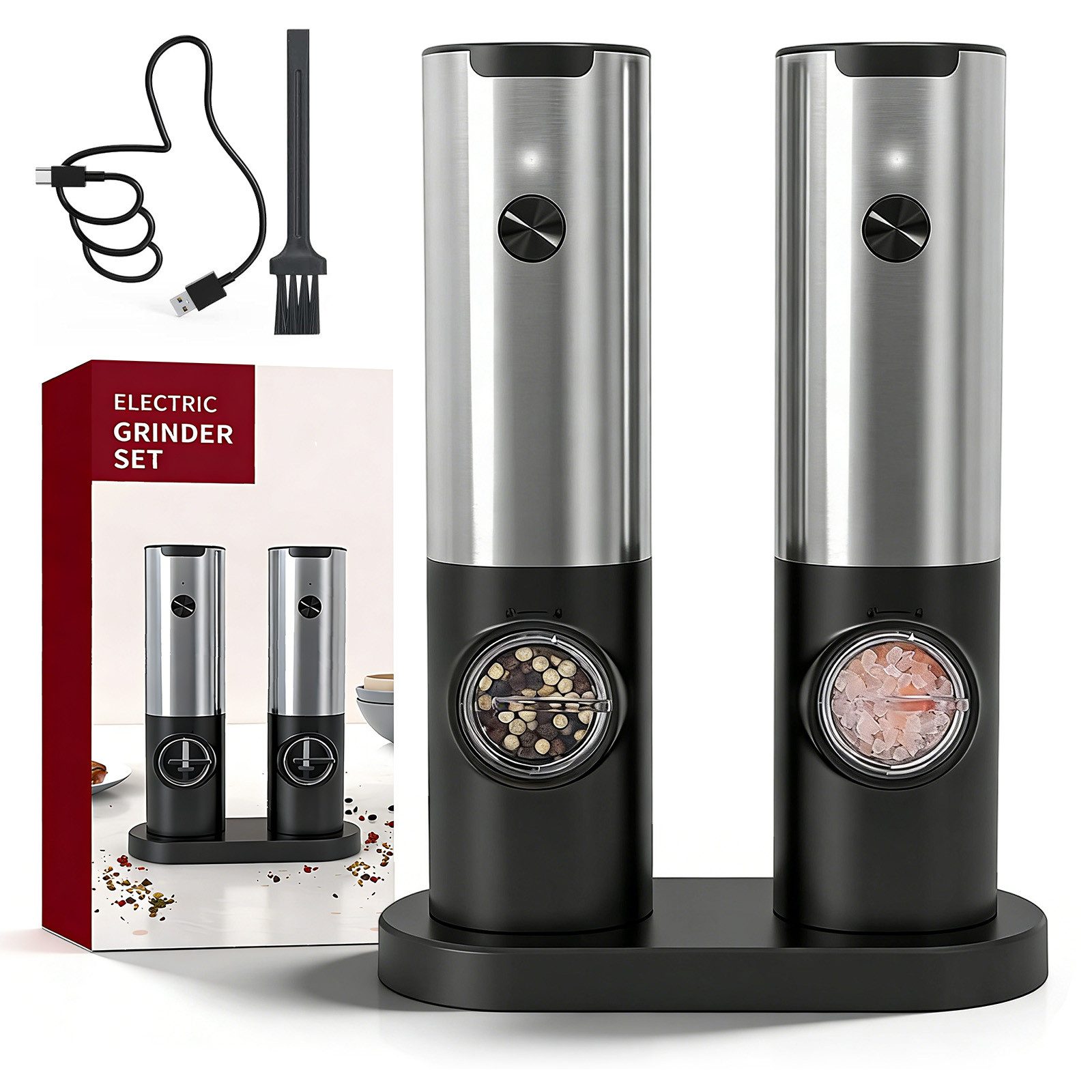 AKKEE Salz-/Pfeffermühle Elektrisch Salzmühle 2er Set mit USB Aufladbar, Doppelladestation Netzkabel, USB