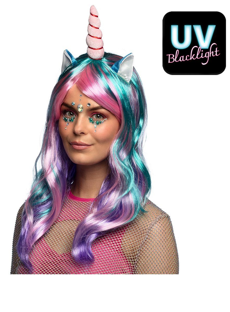 Boland Kostüm-Perücke UV Einhorn Perücke, Shine like a Diamond: leuchtende Perücke mit Einhorn und Öhrchen