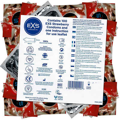 EXS Kondome Strawberry Flavour - leckere Kondome Packung mit, 100 St., aromatisierte Kondome, Kondome mit Erdbeer-Geschmack, Kondomvorrat, Großpackung