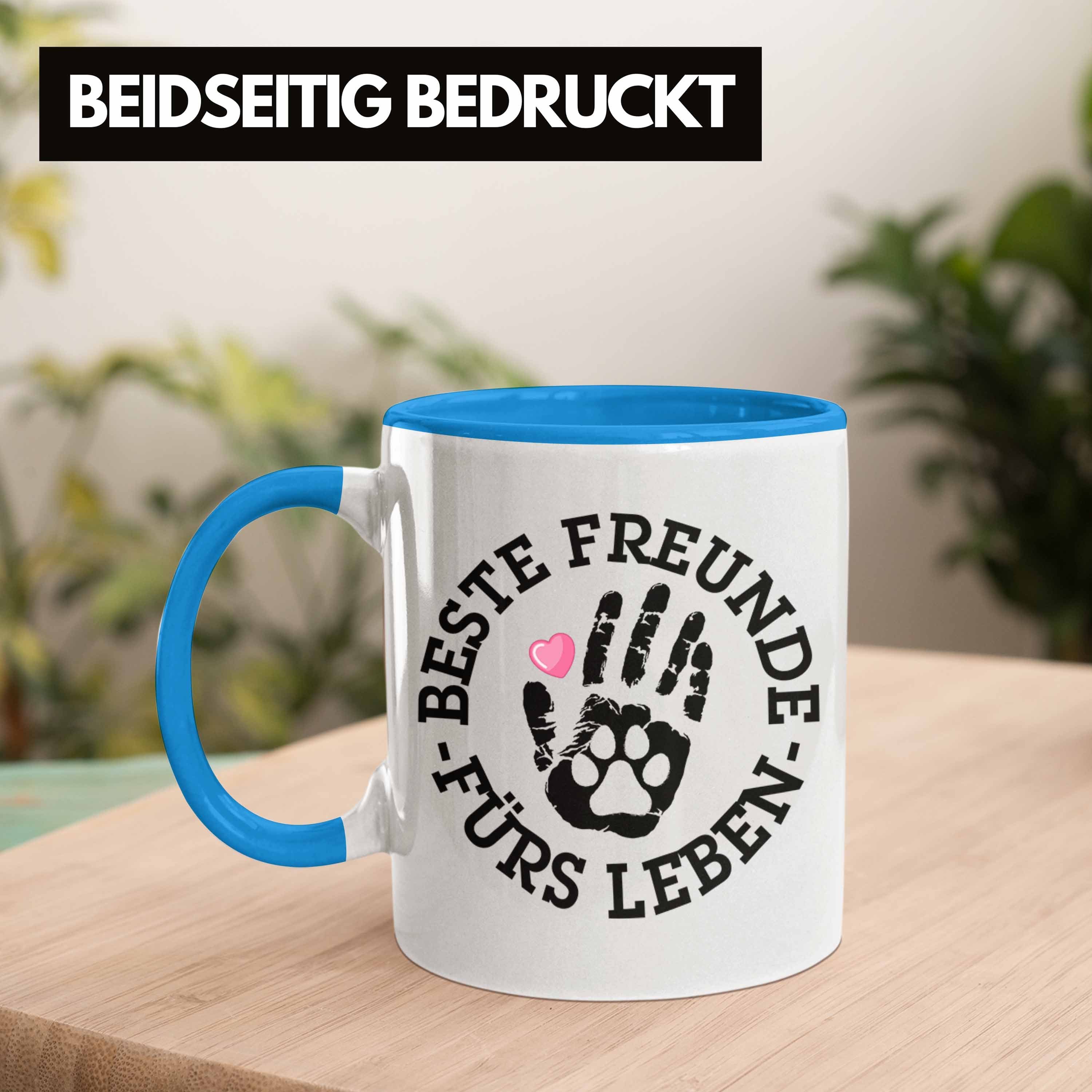 Tasse Freunde Pfote Katze - Trendation Kaffeetasse Katzenbesitzer Geschenkidee Tasse Tatze Becher Hund Trendation Hundebesitzer Blau