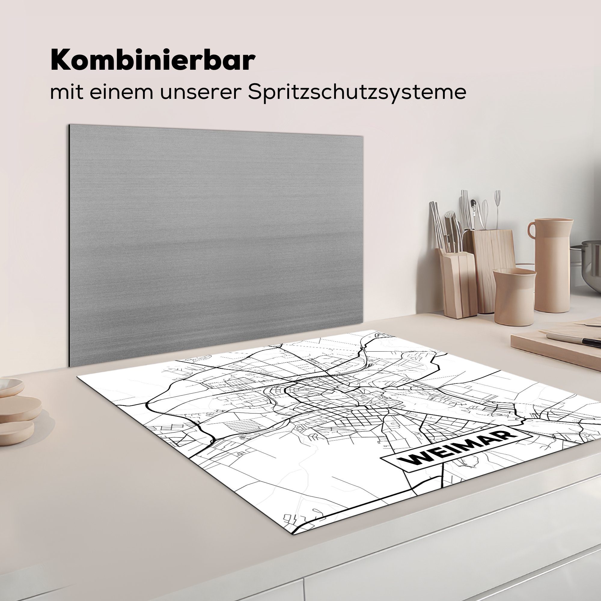 küche für 78x78 MuchoWow Arbeitsplatte cm, Vinyl, Weimar Stadtplan, Herdblende-/Abdeckplatte tlg), Ceranfeldabdeckung, - (1 - Karte
