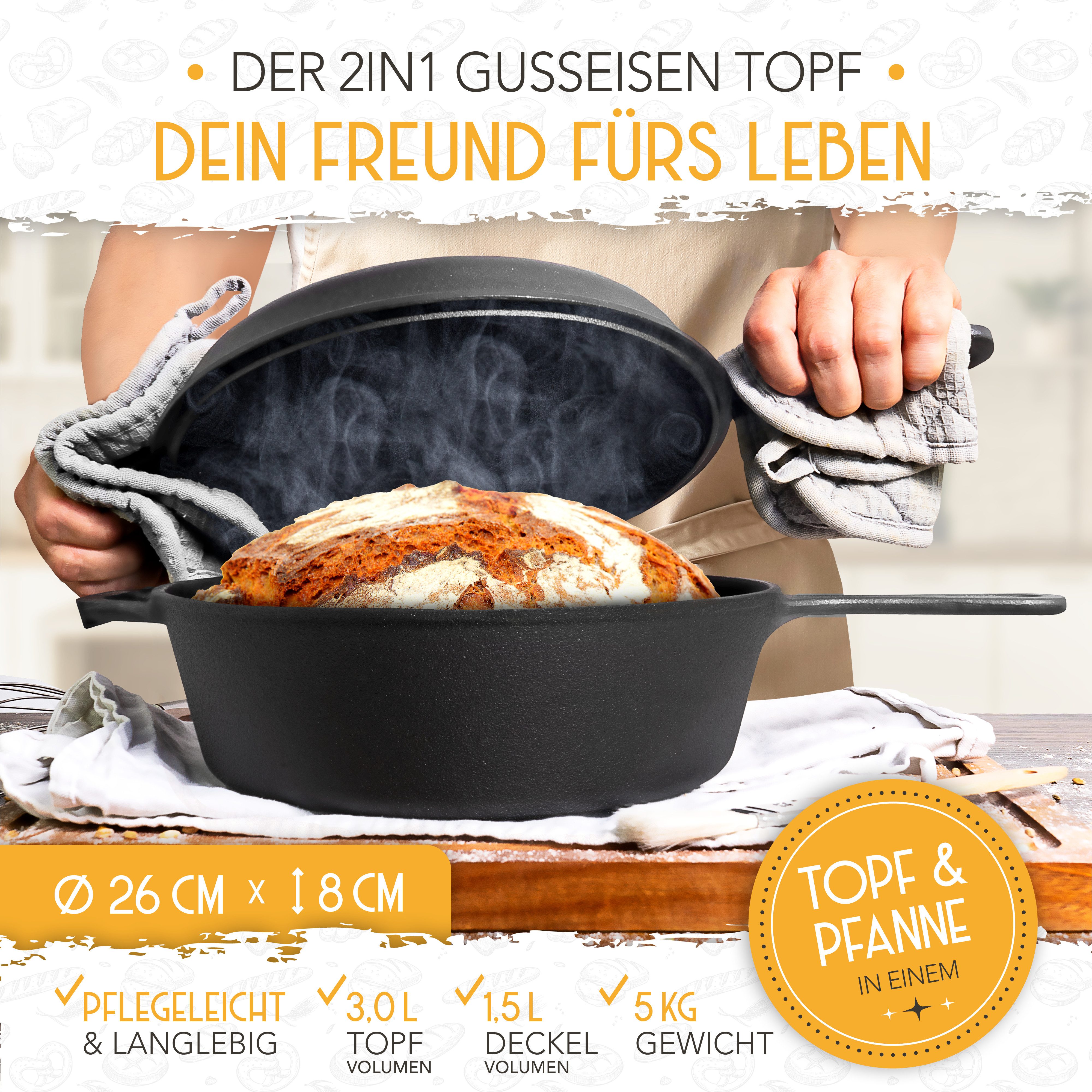 Krustenzauber Brotbackform Brotbackform Gusseisen Topf Brot Backen inkl. Gärkorb – Bild 5 von 5