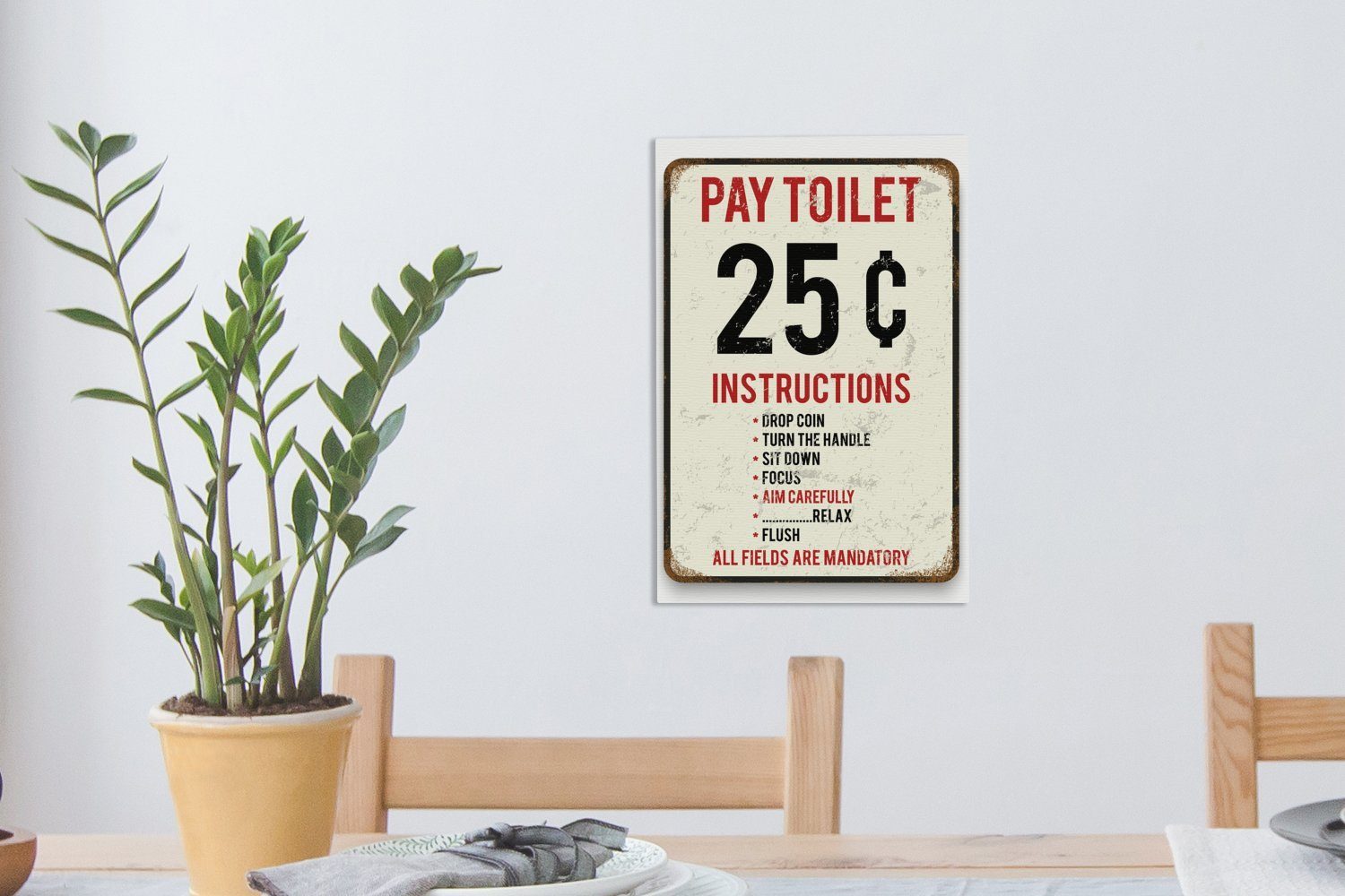 Gemälde, Leinwandbild (1 mit St), cm Toilettenplakat Leinwandbild bespannt dem Text Toilet, OneMillionCanvasses® Zackenaufhänger, inkl. fertig 20x30 Pay Ein