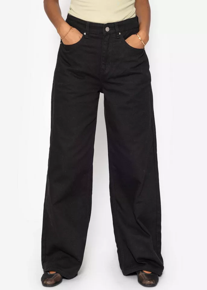 SASSYCLASSY 5-Pocket-Jeans Wide Leg Jeans mit hohem Bund für Damen Jeans im 5-Pocket-Stil aus Baumwolle Beige Offwhite Leo Schwarz Rosa
