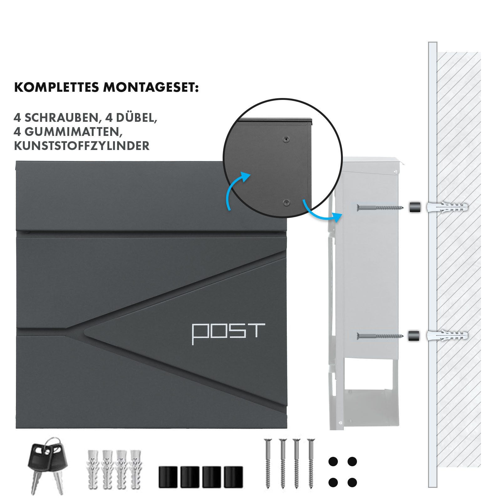 Floordirekt Briefkasten Armand – Wetterfester Stahlbriefkasten mit C4-Einwurf und Zeitungsfach, abschließbar mit 2 Schlüsseln & mit Montagematerial, 37×37×10,5 cm