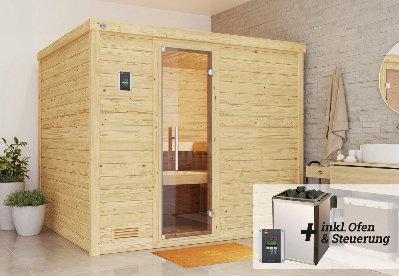 Thumbnail - weka Sauna Bergen, BxTxH: 245,5 x 195 x 205 cm, 45 mm, (Set) 7,5 kW-Ofen mit digitaler Steuerung