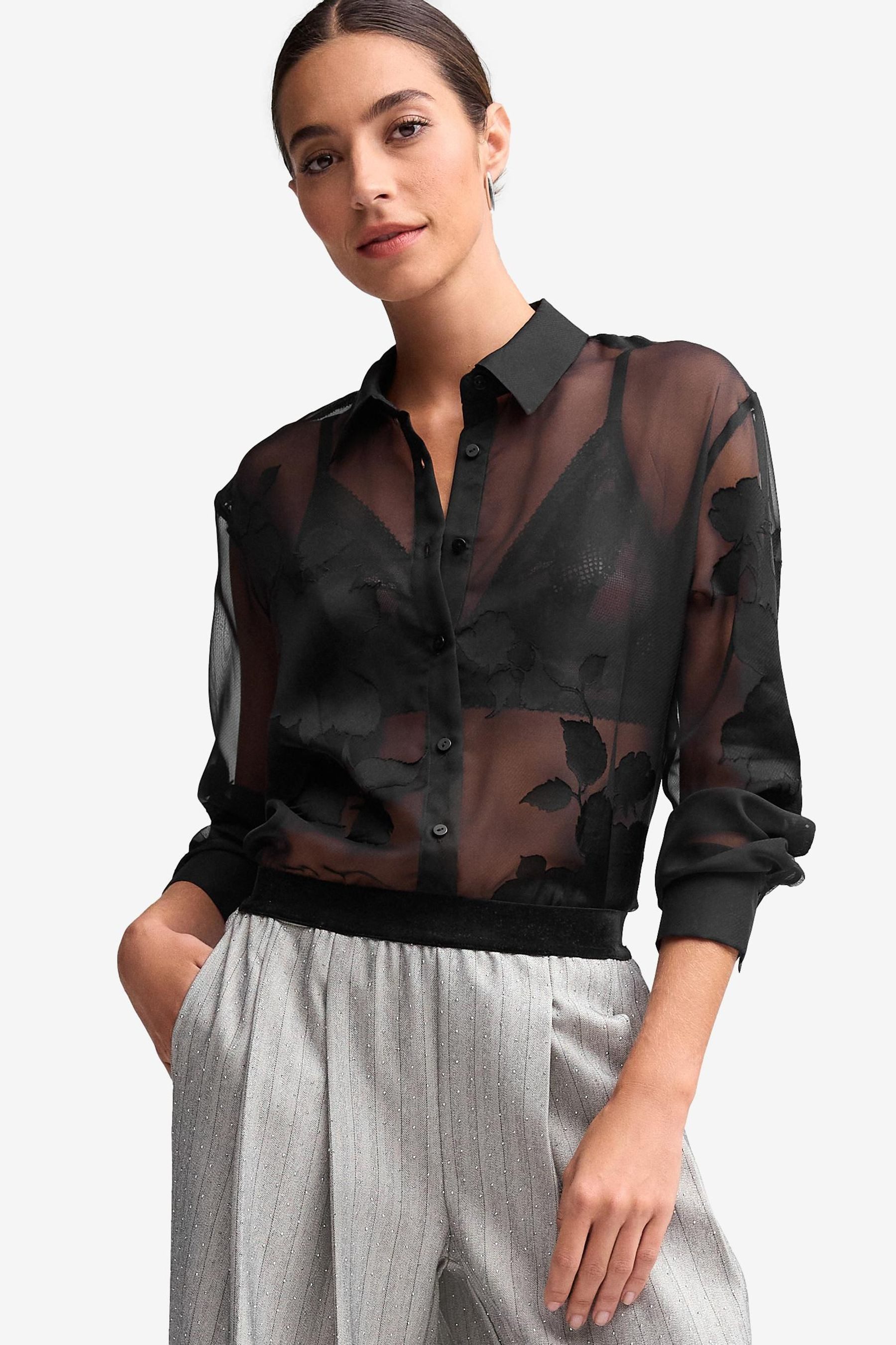 Spitzenbluse Langärmeliges, transparentes aus floralem Jacquard