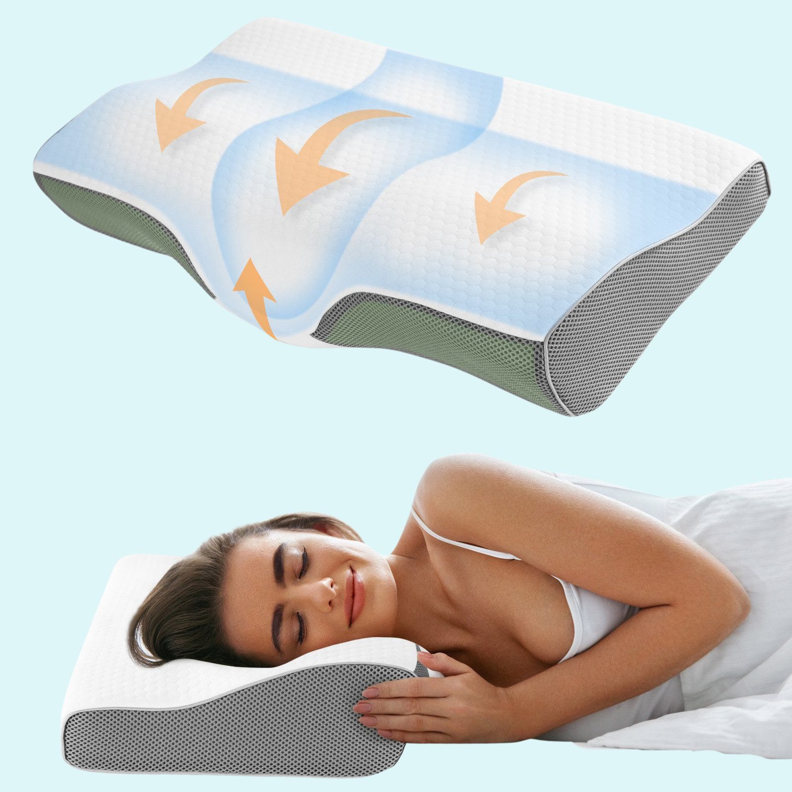Elegear Nackenstützkissen nackenkissen orthopädisch, kopfkissen nackenschmerzen, schlafkissen, Füllung: Memory Foam, Seitenschläfer, Bauchschläfer, Rückenschläfer, 60 x 34 cm Ergonomisches Schlafkissen mit Kissenbezug