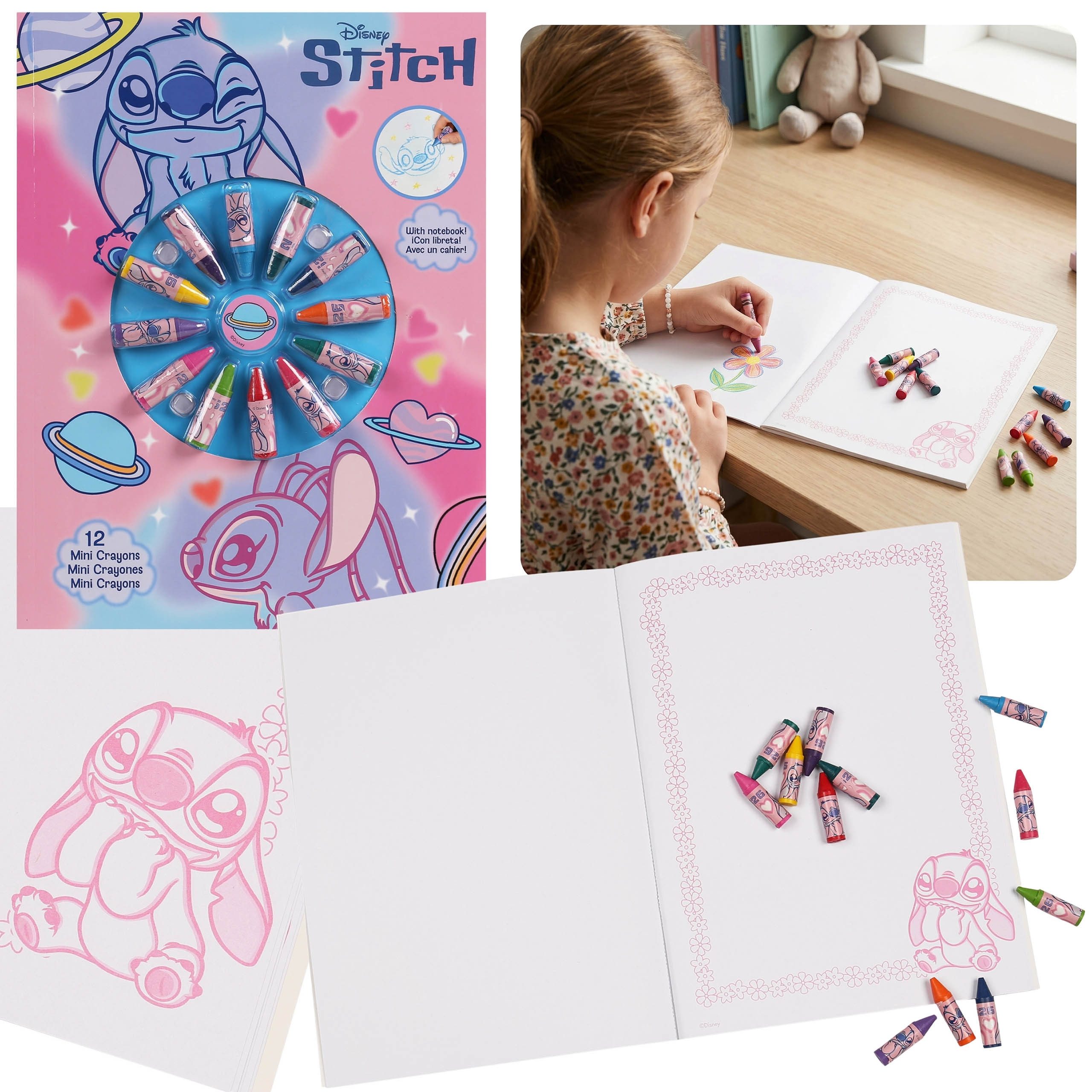 Disney Notizbuch Disney Stitch kreatives Mal- und Schreibset mit Mini-Wachsmalstiften