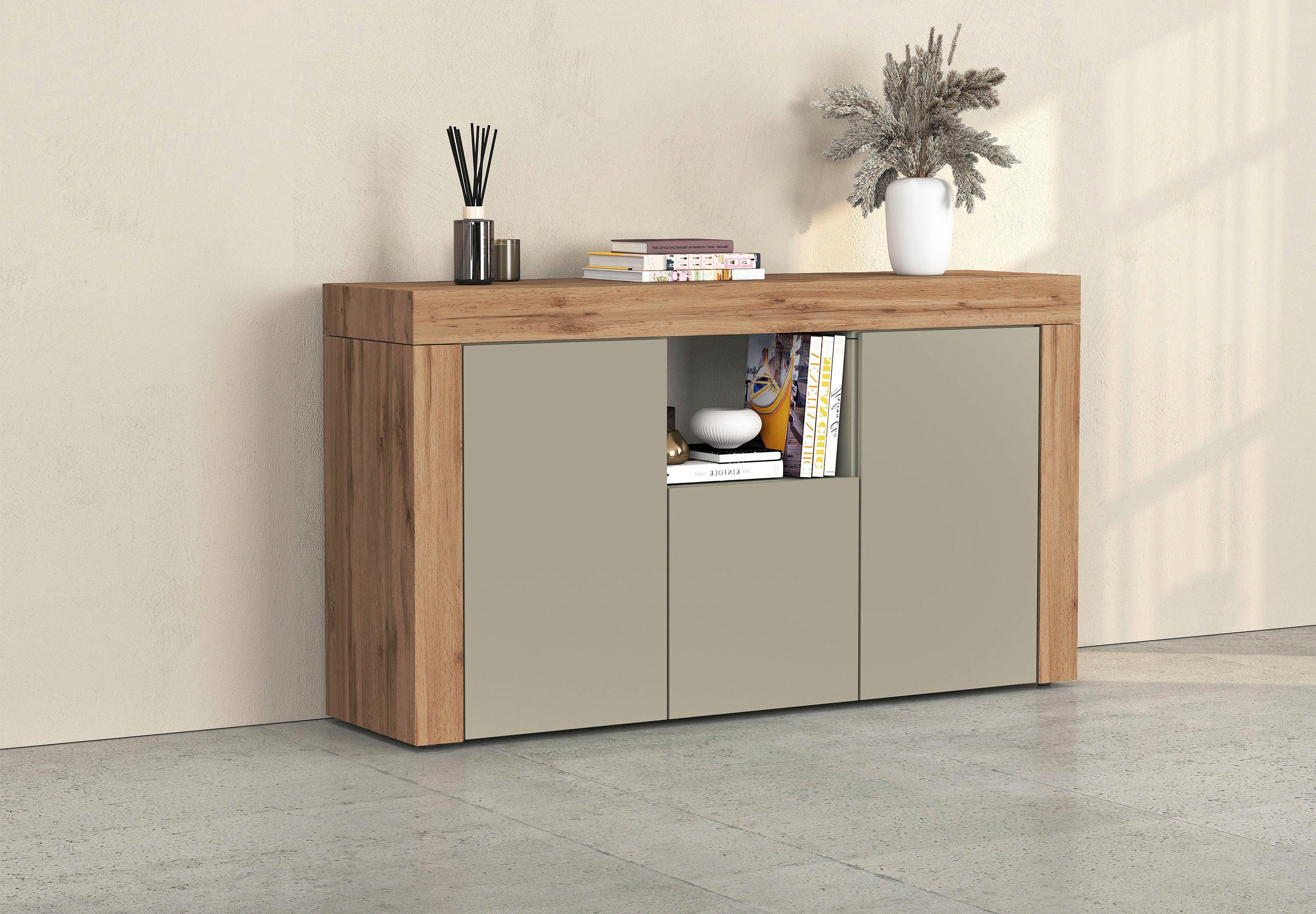 OTTO home Sideboard CHRONOS Breite 155 cm mit 3 Türen, 1 offenes und 6 geschlossene Fächer (1 St), Sideboard,Kommode, Schrank, Grifflos mit Push to Open, Made in Italy