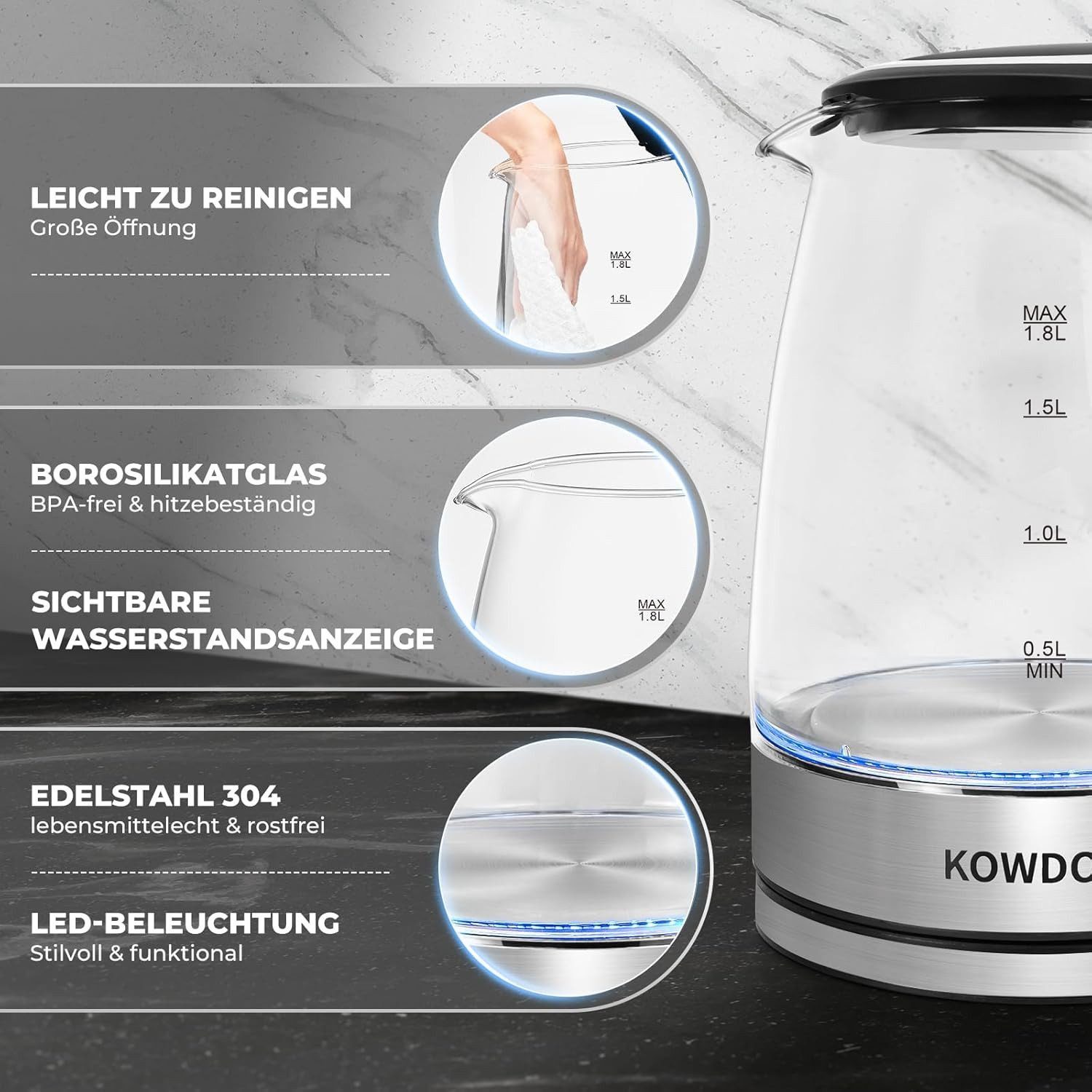 kowdom Wasserkocher Wasserkocher Glas 1,8L 2200W BPA-frei LED automatische Abschaltung, 2200 W, Borosilikatglas, BPA-frei, automatische Abschaltung, 2200W