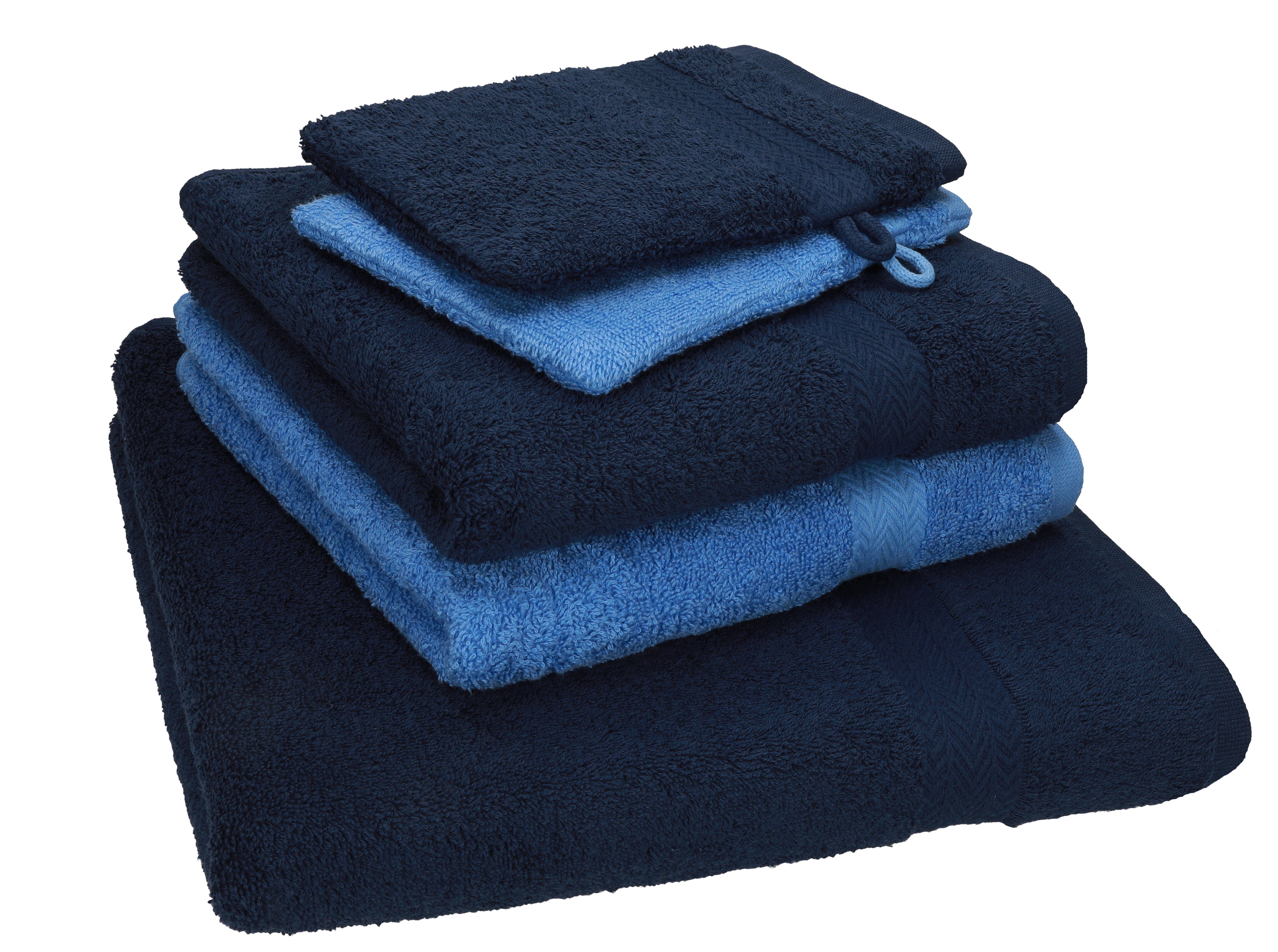 Baumwolle TLG. Waschhandschuhe, Set Duschtuch Handtücher Pack Handtuch 2 dunkelblau-hellblau 100% 100% Set 5 1 Betz Baumwolle Single Handtuch 2