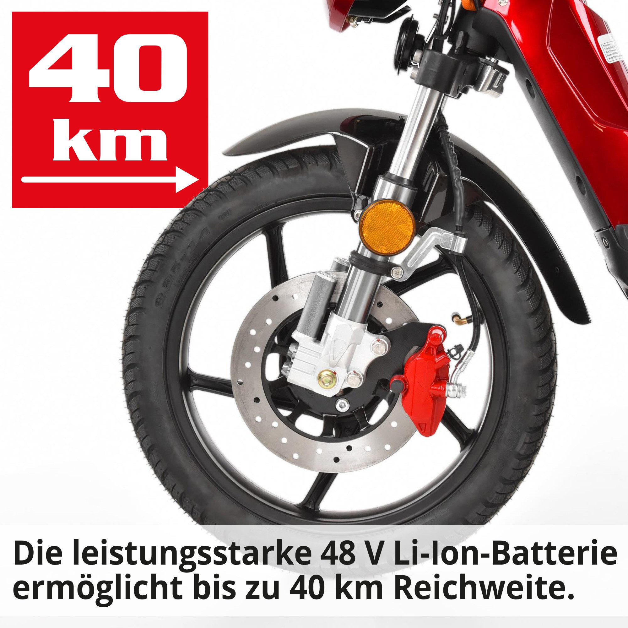 Hecht E-Mofaroller BETIS RED 48V Akku entnehmbar 40 km Reichweite Scheibenbremsen, 900 W, 45 km/h, Pedalantrieb, Gasdruckfederung, Funkschlüssel, Staufach
