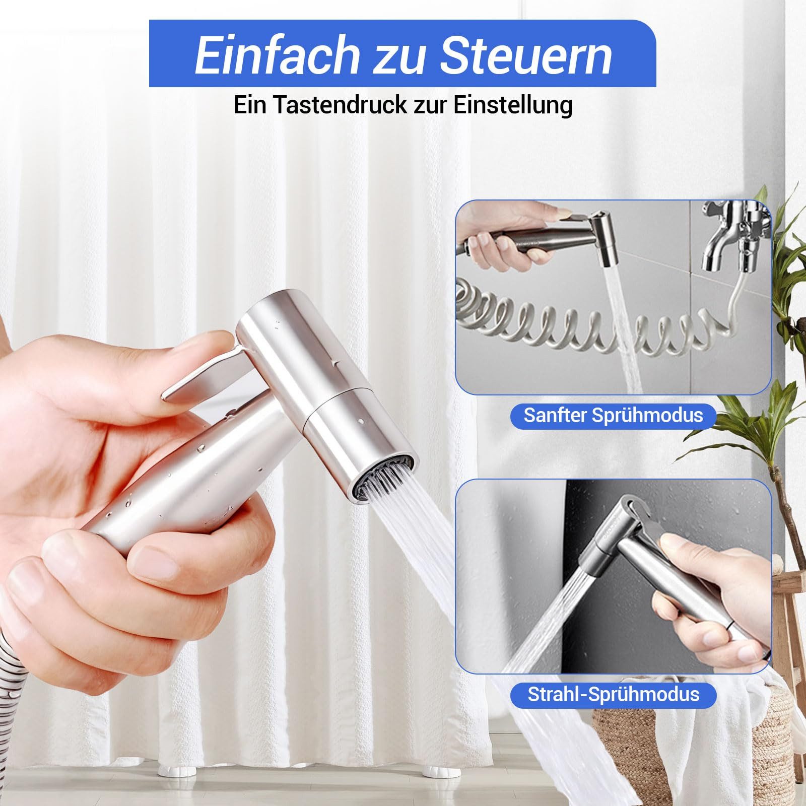 MOPUEA Bidetarmatur Handbrause Bidet Sprayer Mit Halter Wassermenge einstellbar Edelstahl (Bidet Handbrause Set, Edelstahl Bidet Handbrause mit Schlauch Ventil und Adapter) Edelstahl rostfrei präzise Wasserregulierung einfache Montage