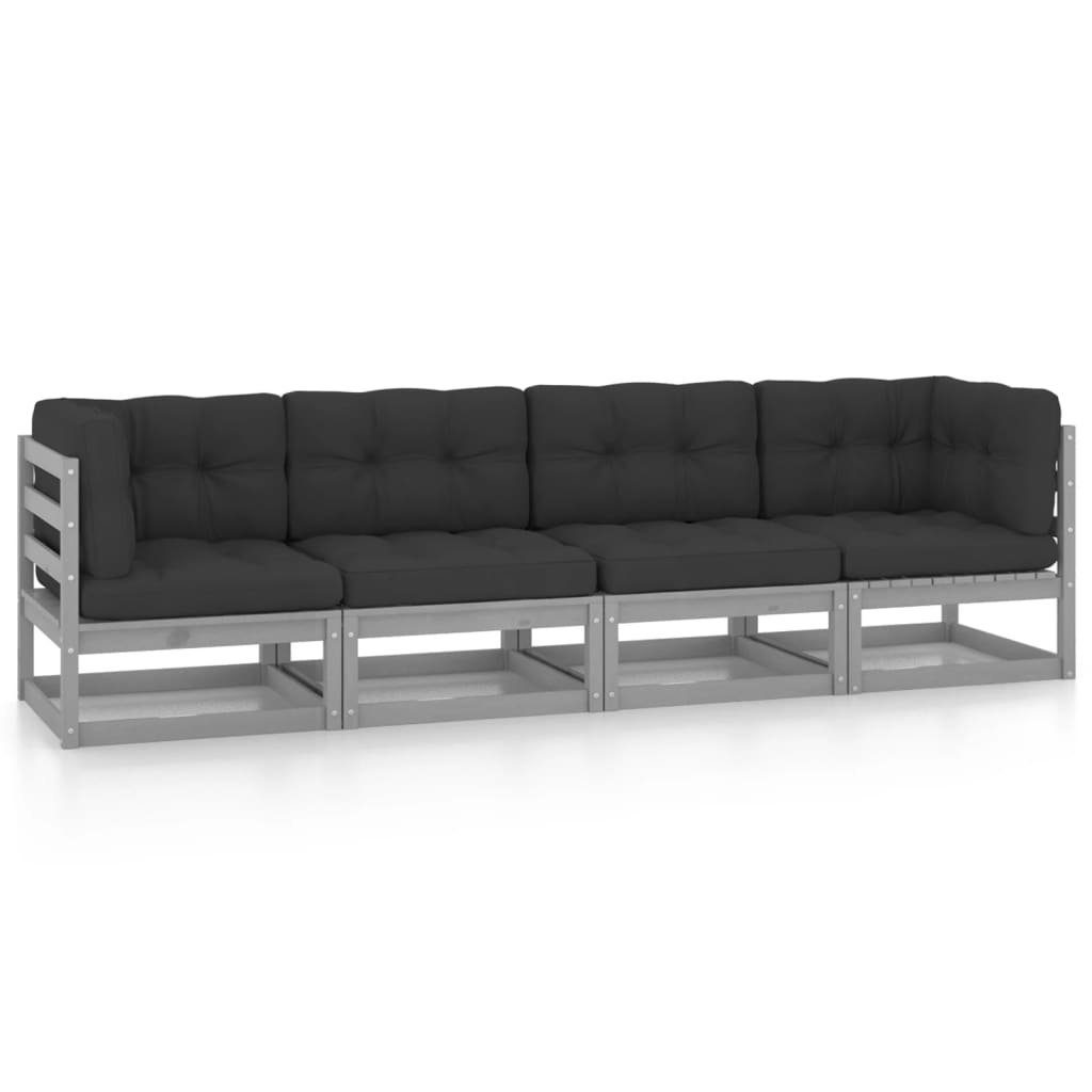 Loungesofa mit vidaXL Kiefer 4-Sitzer-Gartensofa 1 Grau Kissen Massivholz, Teile