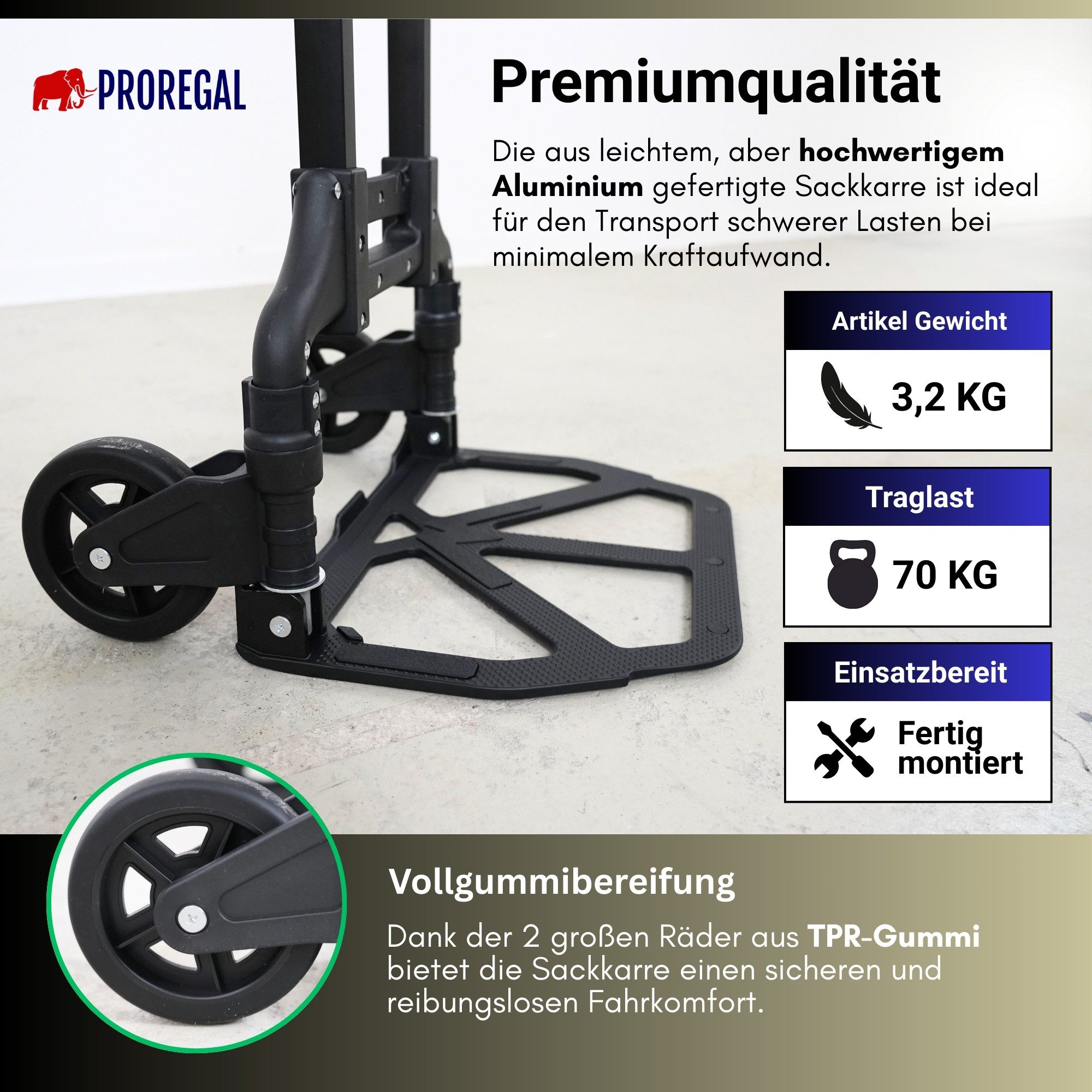 PROREGAL® Sackkarre ELEPHANT mit Profi-Alu-Rahmen klappbar ergonomisch Vollgummibereifung, Klappbare Sackkarre Transportkarre Staplerkarre hohe Traglast – Bild 3 von 5