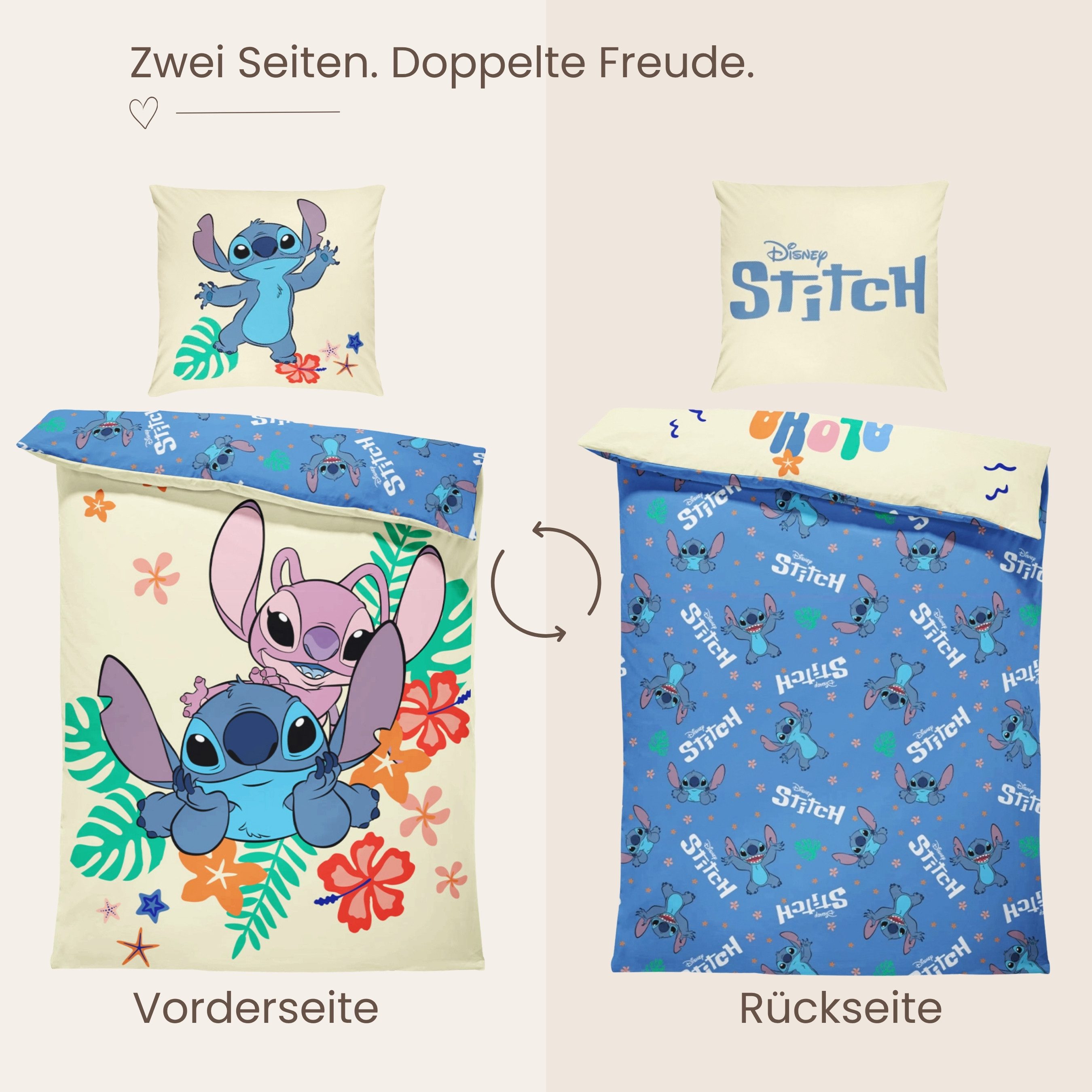 MTOnlinehandel Bettwäsche Lilo & Stitch 135x200 + 80x80 cm, 100 % Baumwolle, Renforcé, 2 teilig, Disney's Kinderbettwäsche mit Reißverschluss – Bild 4 von 5