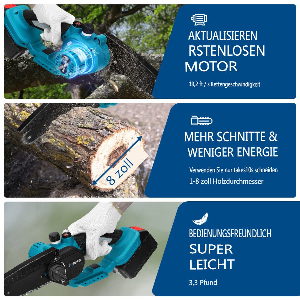 AUDEW Akku-Kettensäge, 6 Zoll 3000W Bürstenlos Kettensäge elektrokettensäge mit 2 Akku