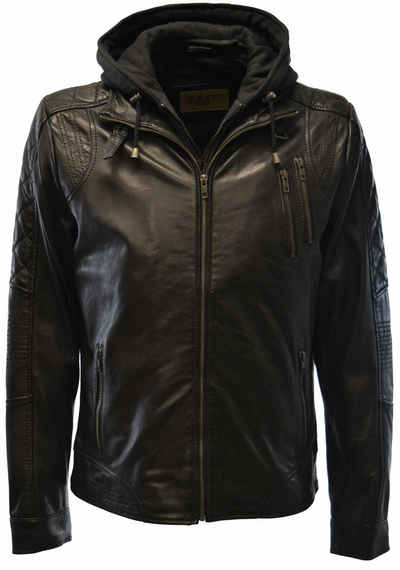 Zimmert Leather Lederjacke Bastian abnehmbare Kapuze, washed Lammnappa, Schwarz, Sportlich, gesteppt