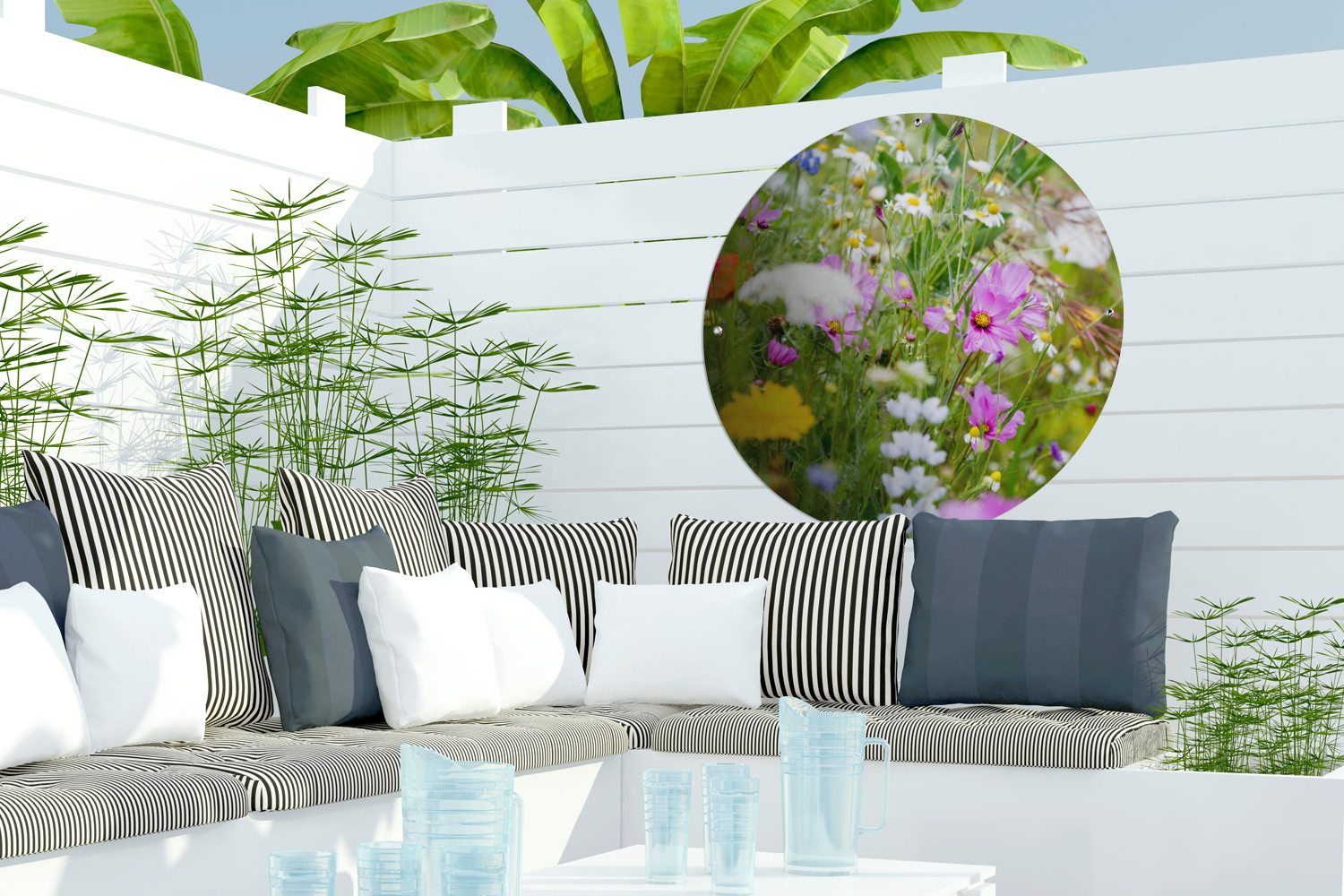 OnlyWow Poster für Garten Blumen - Natur - Grün - Gras - Lila - Weiß, Gartenposter, Outdoor Bilder, Wetterfest, Garten Deko, 60x60 cm