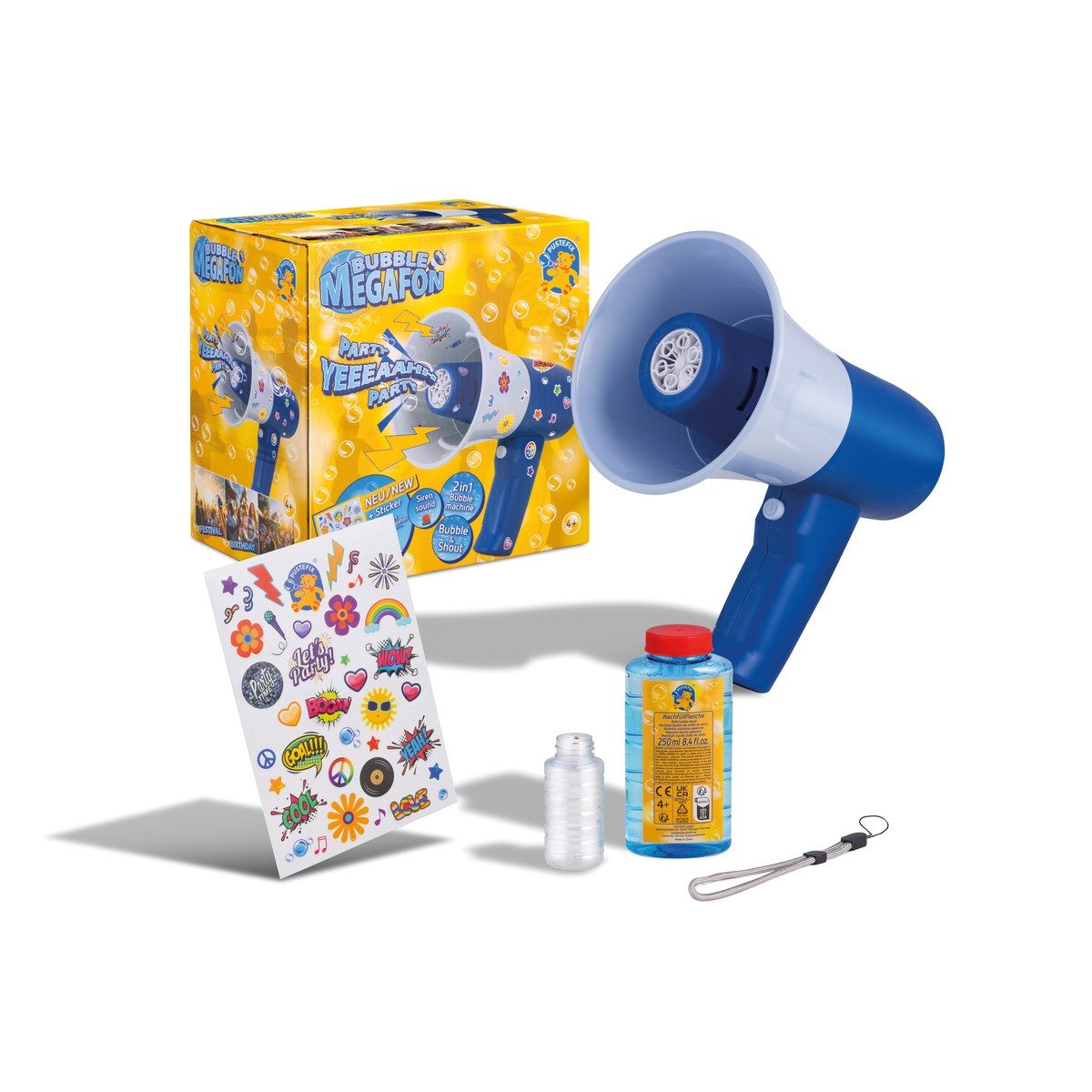 Megáfono De Burbujas PUSTEFIX – Máquina 2 En 1 Con Efectos De Voz Y Sirena, Ideal Para Fiestas Y Eventos, Incluye Líquido De Burbujas Y Pegatinas Decorativas