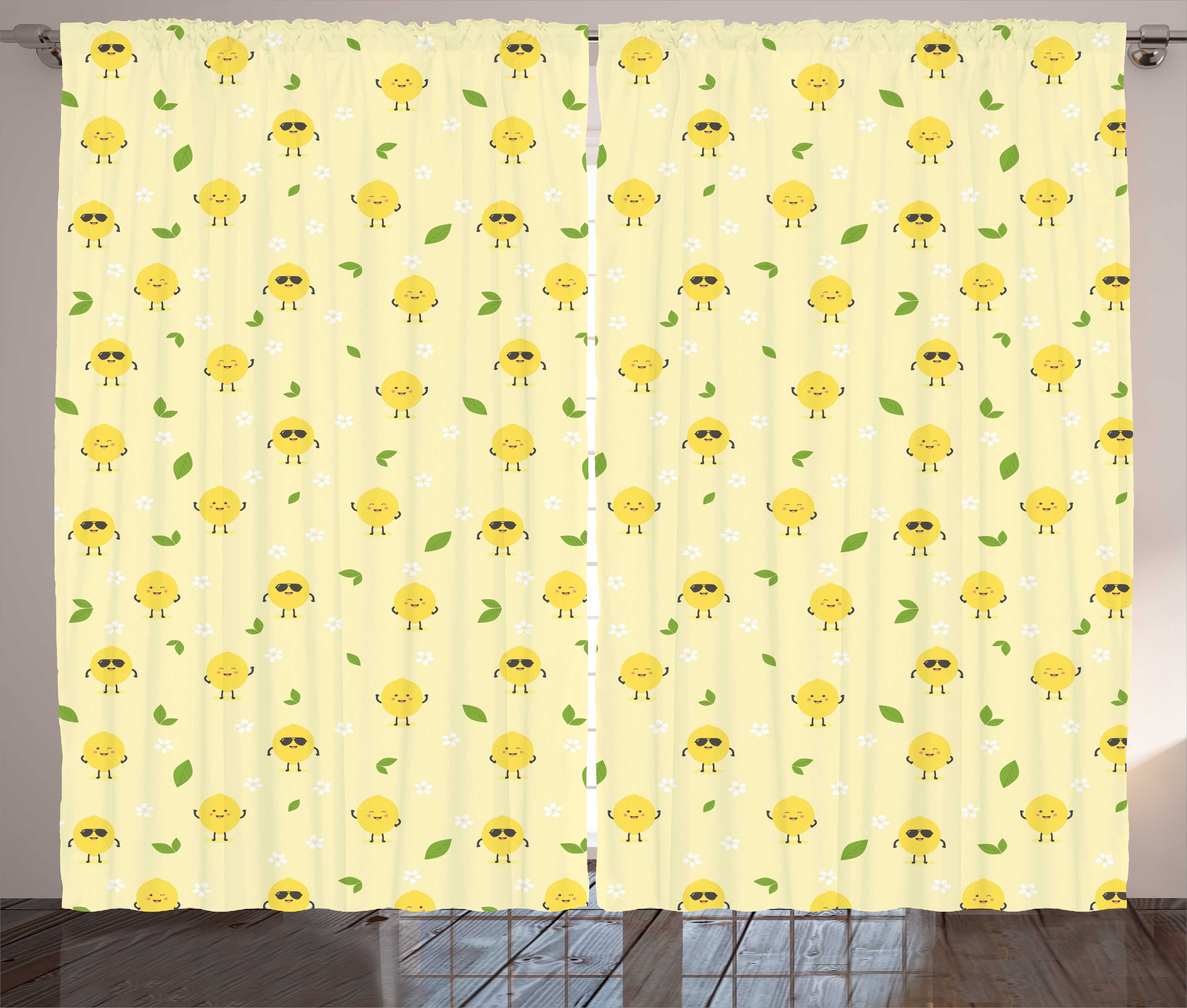 Kräuselband Blumen Abakuhaus, Schlafzimmer Schlaufen Gardine Zitronen und mit Zitrusfrucht Cartoon Haken, Vorhang