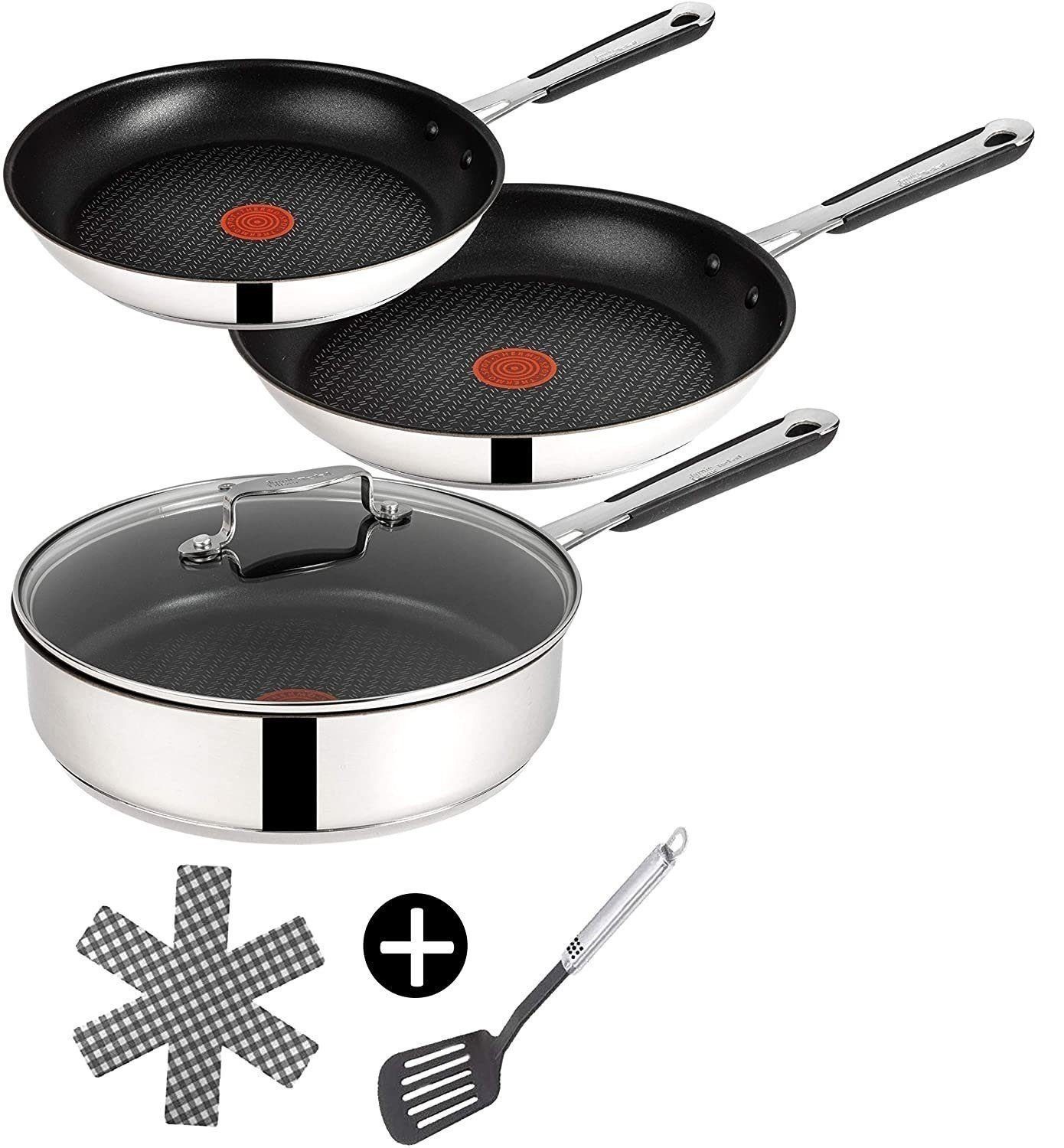 Tefal Pfannen-Set Jamie Oliver E76 Pfannenset 20, 24cm + Schmorpfanne mit Deckel 25cm, Edelstahl 18/10 (Pfanne, Bratpfannen Set, Pfannenset, Wok, Wokpfanne, Schmorpfanne, Pfannen Inkl. 1 Wender & Filzschoner), ohne Fett / Öl braten, Hochrand, Induktionsgeeignet, Hoher Rand