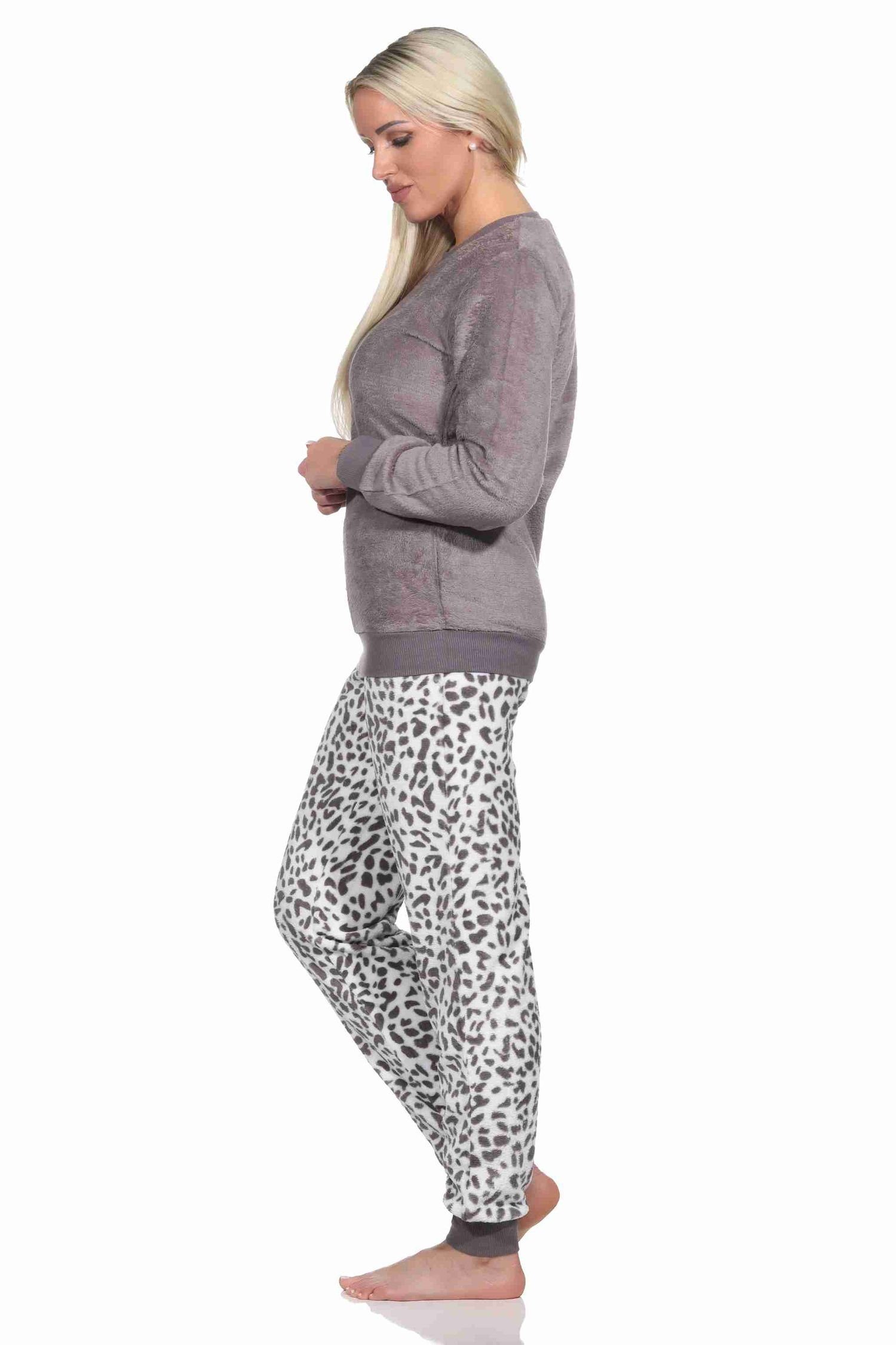 Normann aus Look im Schlafanzug Pyjama Animal Coralfleece braun Damen langarm Bündchen mit