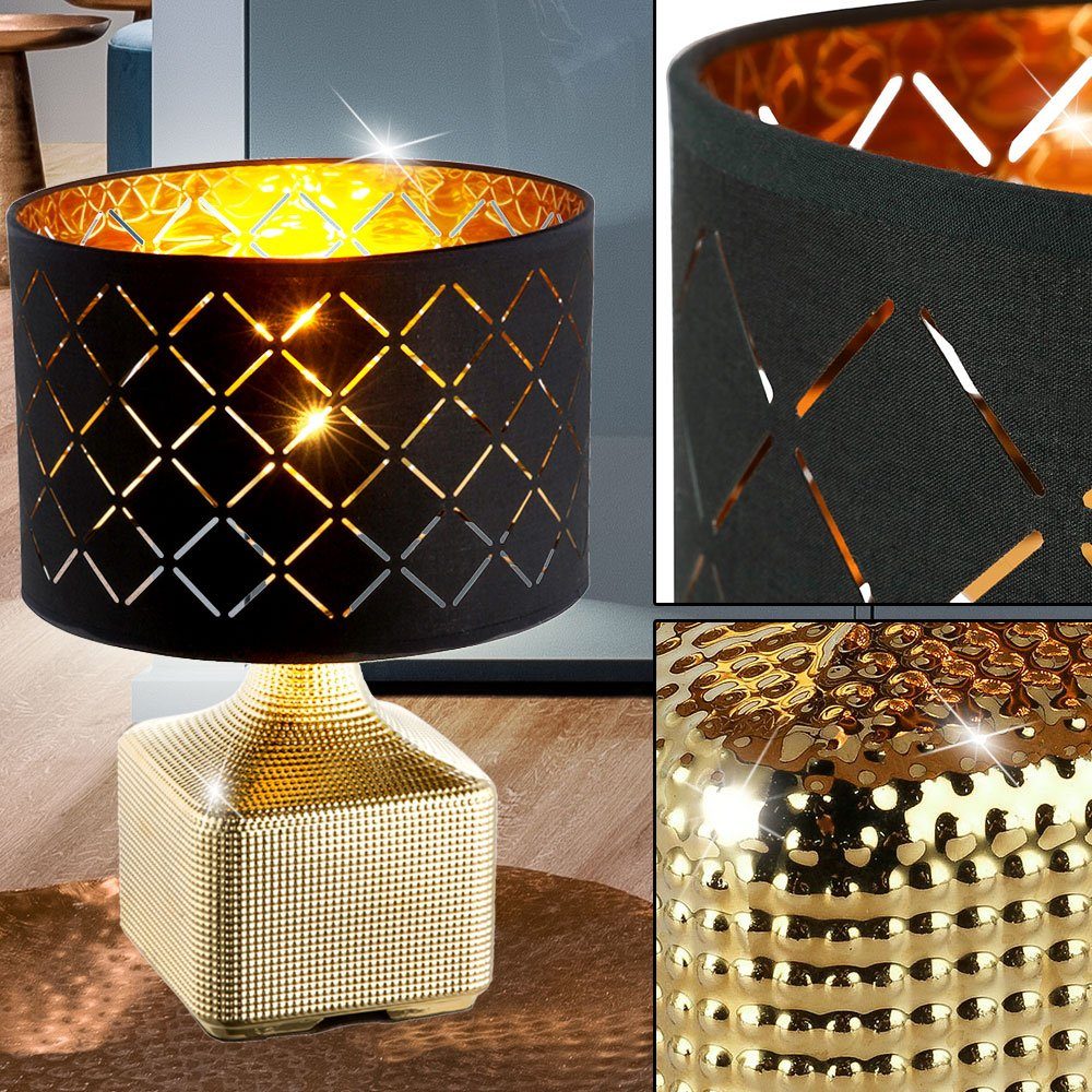 Tischleuchte, Tisch Lampe goldfarben Textil inklusive, Keramik Licht schwarz etc-shop rund nicht Leuchtmittel Lese