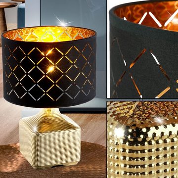 etc-shop Tischleuchte, Leuchtmittel nicht inklusive, Keramik Tisch Lampe rund goldfarben schwarz Lese Licht Textil