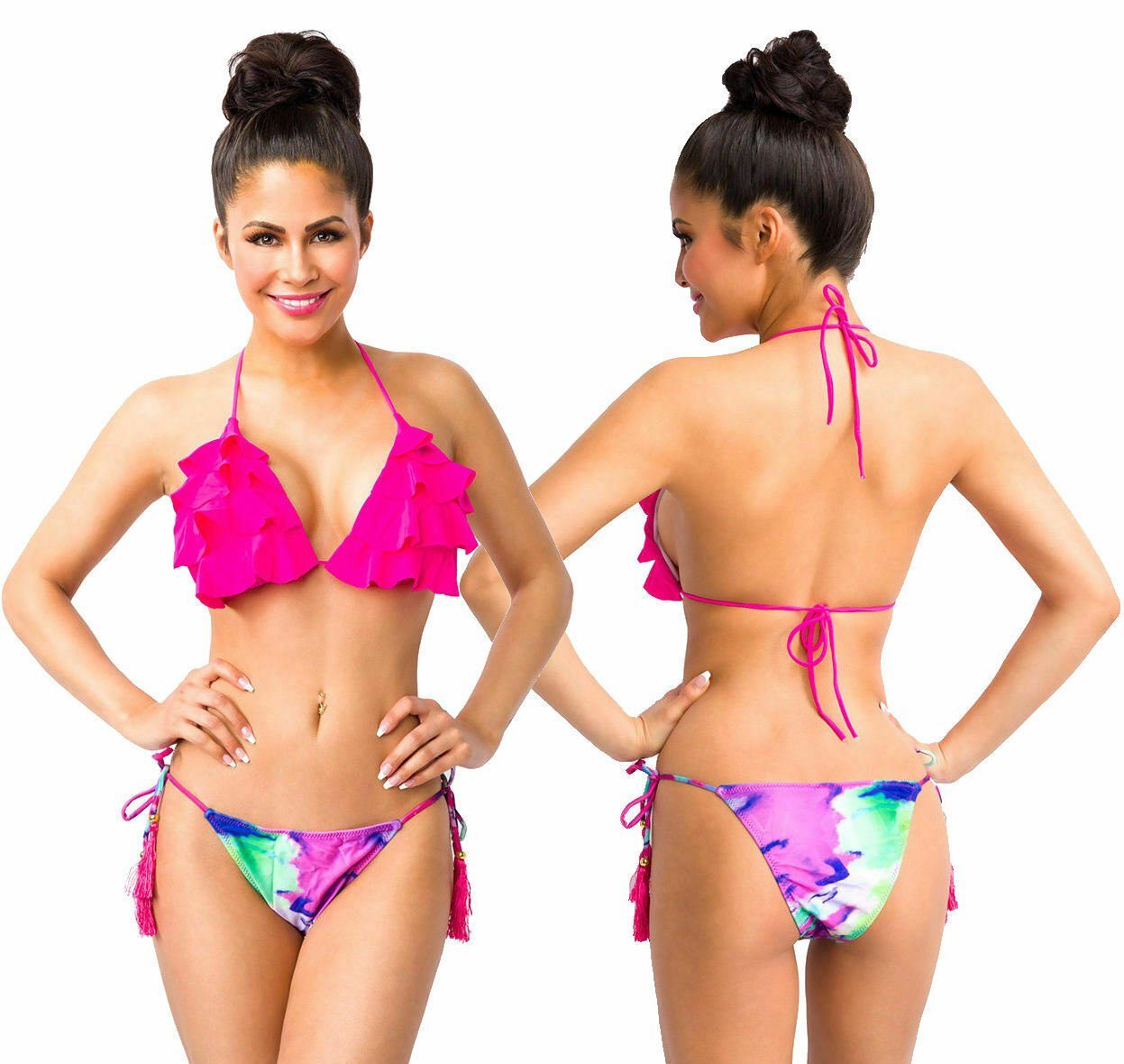 Samegame Bikini Triangel-Bikini Badeanzug gerüschtes-Top, Neckholder Bikini in Triangel Set Slip, pink gemustert