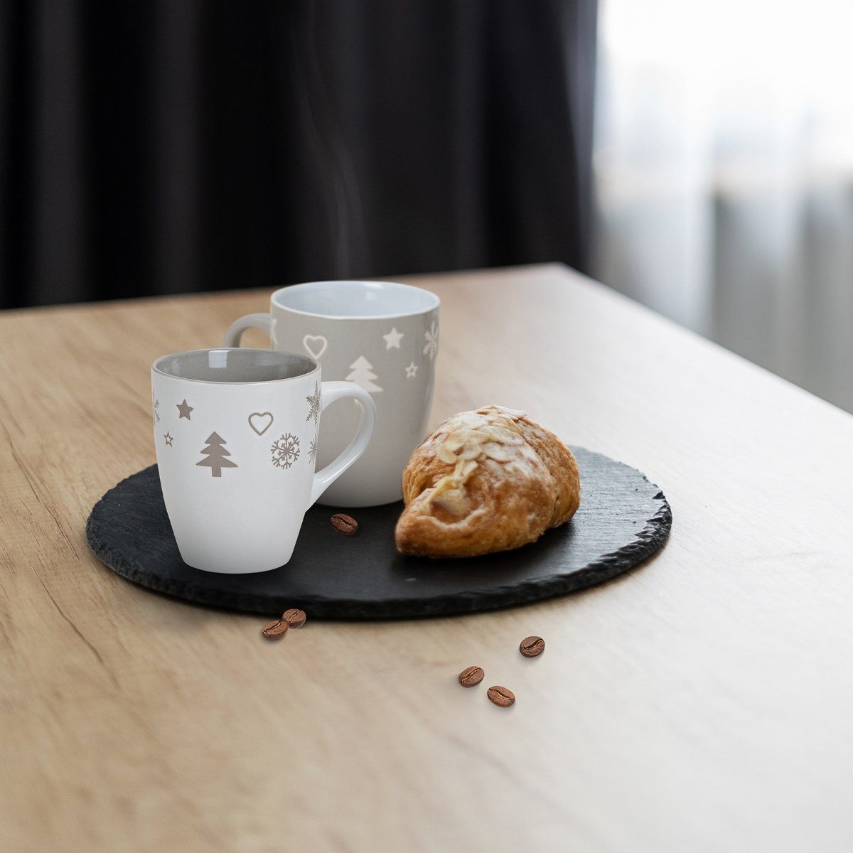 matches21 HOME & HOBBY Tasse Weihnachtstassen 4er Set einfarbig Skandi Weihnachtsdeko, 4-tlg., Keramik, Tee Kaffee-Becher, Weihnachten, Vintage, grau weiss, 300 ml