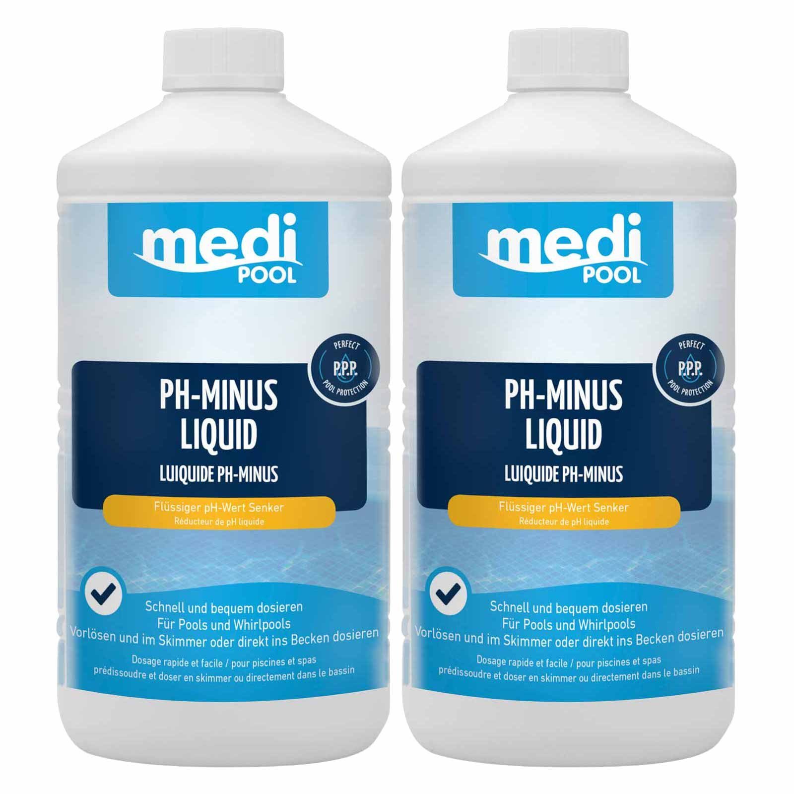 mediPOOL Poolpflege pH-Minus Liquid 2x 1L, pH Senker, Wasserpflege, Flüssigchlor, (Set)
