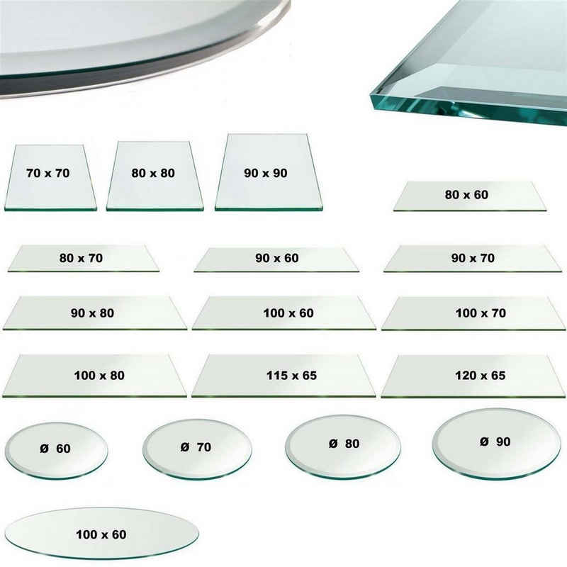 HOOZ Tischplatte Glasplatte 100x80x0,6 cm mit Facettenschliff - Klarglas, rechteckig