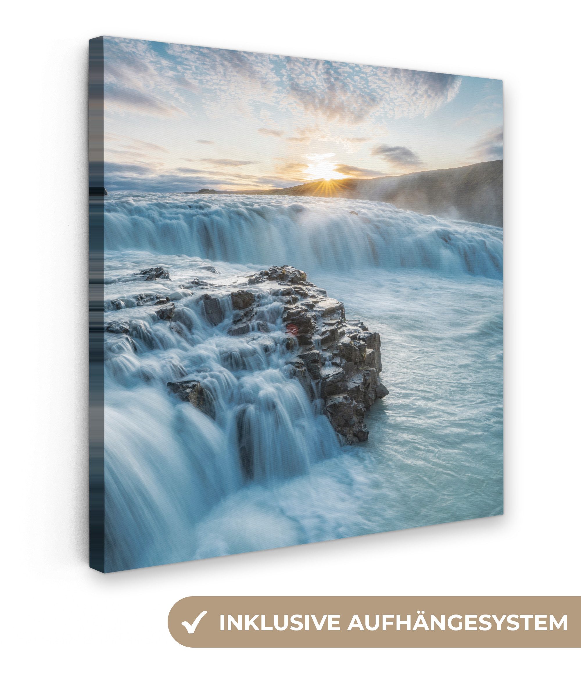 OneMillionCanvasses® Leinwandbild Wasserfall - Wasser - Steine - Sonne - Natur, Fotodruck (1 St), Wandbild, Deko Schlafzimmer Wohnzimmer Flur 20x20 cm