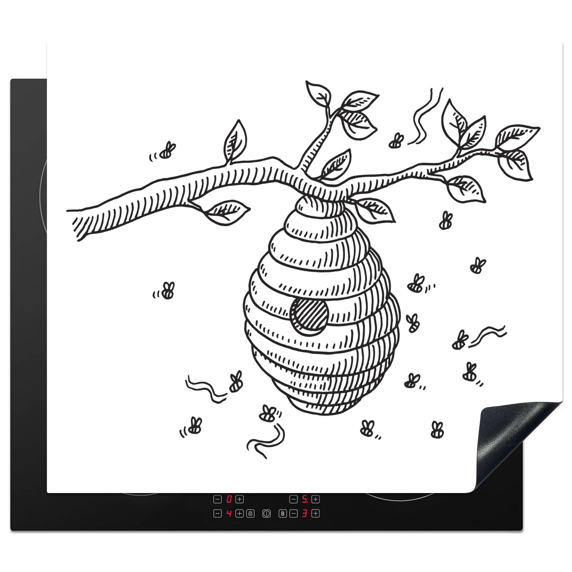 MuchoWow Herdblende-/Abdeckplatte Eine Schwarz-Weiß-Illustration eines Bienenstocks auf einem Zweig, Vinyl, (1 tlg), 60x52 cm, Mobile Arbeitsfläche nutzbar, Ceranfeldabdeckung