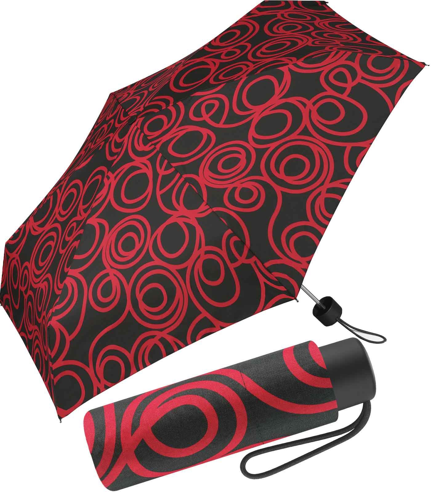 Pierre Cardin Taschenregenschirm winziger Damen-Regenschirm Handöffner, schwarz-rot mit schwarzem mit Grund Kreise-Muster rotem auf