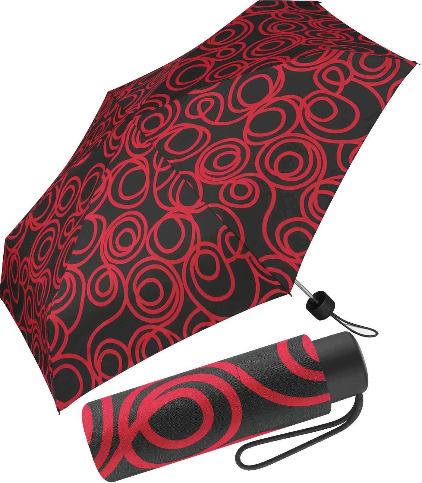 Pierre Cardin Taschenregenschirm winziger Damen-Regenschirm mit Handöffner, mit rotem Kreise-Muster auf schwarzem Grund
