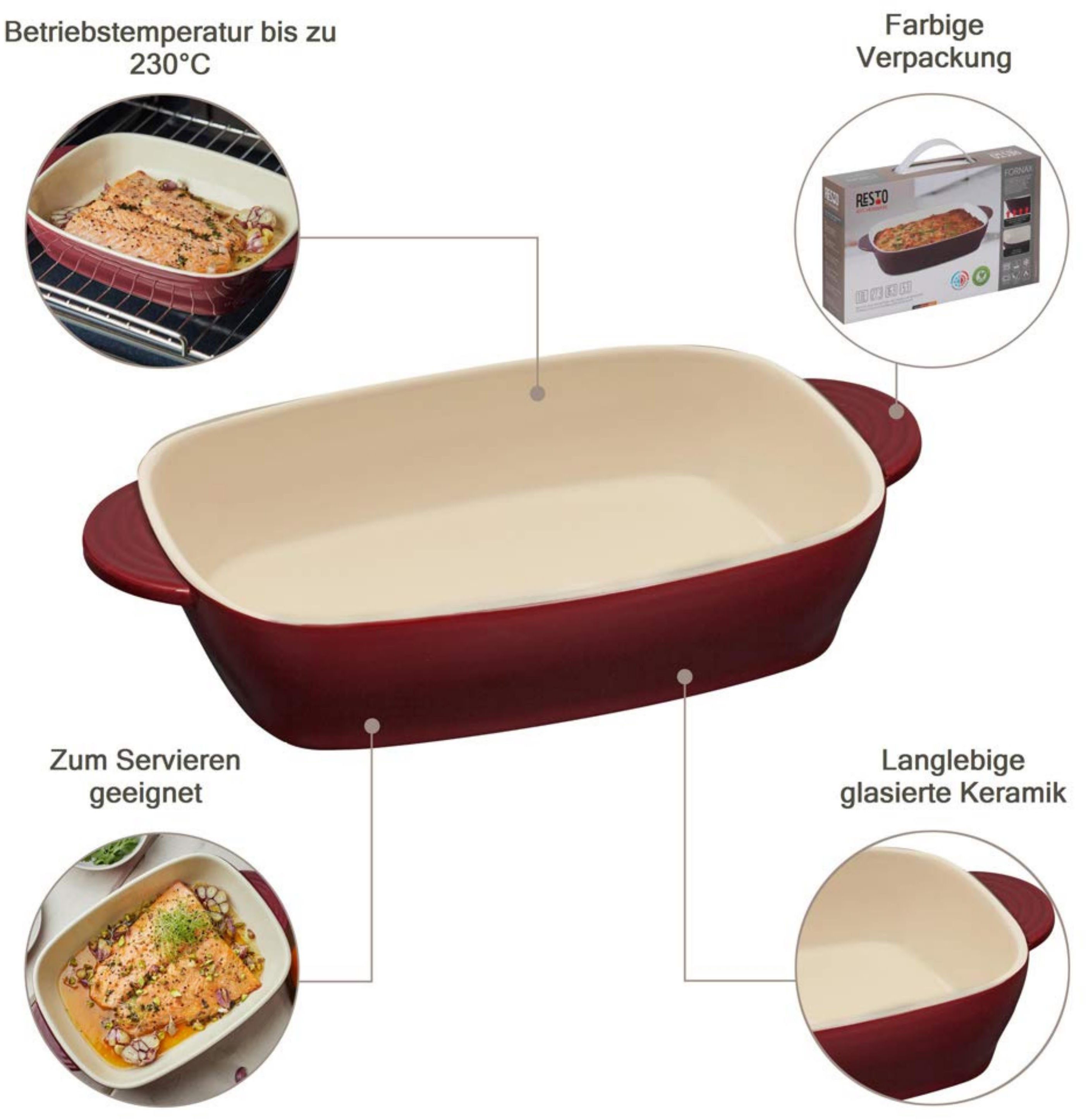 RESTO Kitchenware Auflaufform Fornax Backform Lasagneform Ofenform Spülmaschinengeeignet, Keramik, (1-St), Rechteckig aus Keramik, rot, in 2 Größen, für Brot, Lasagne, Brownie