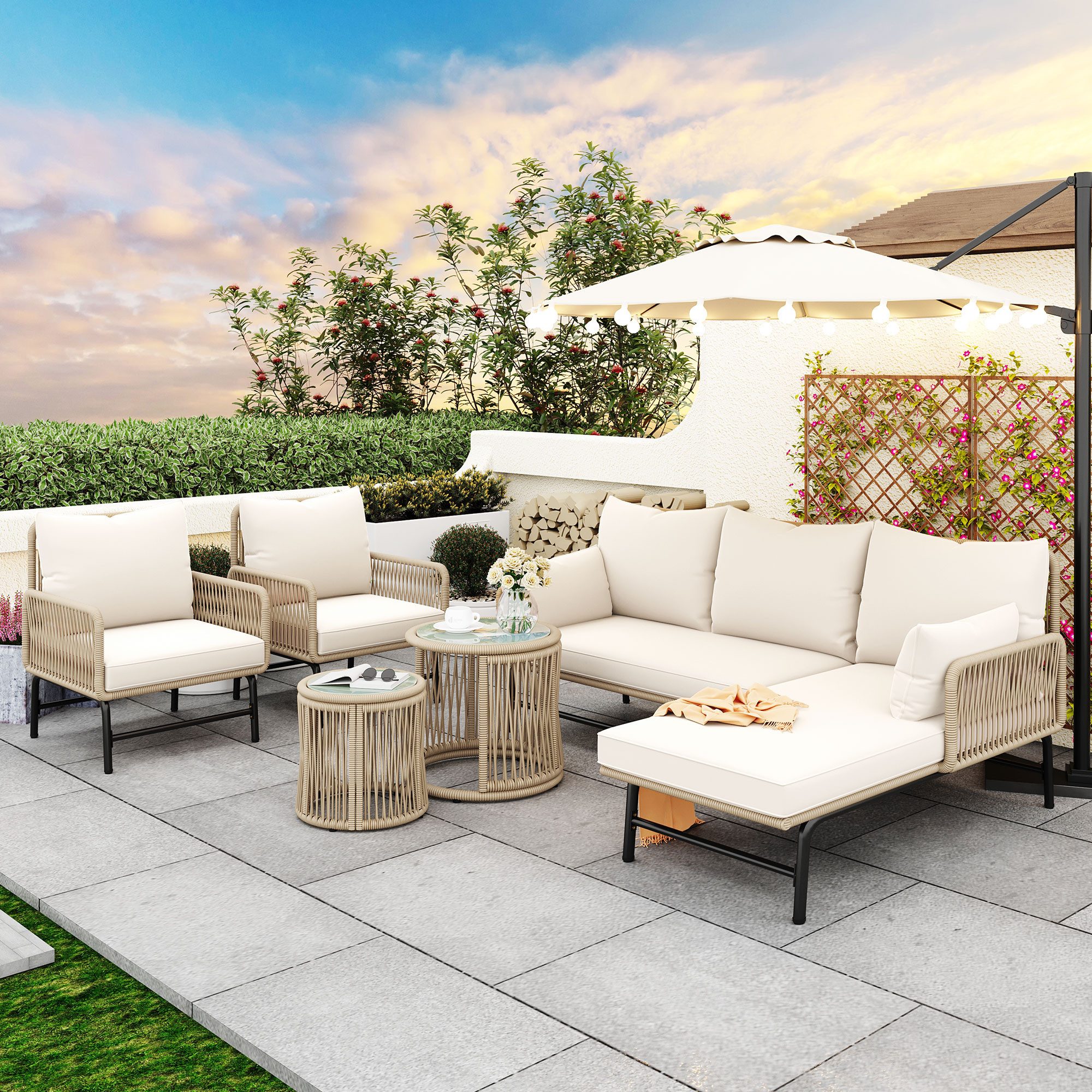 IDEASY Gartenlounge-Set Gartenmöbel-Set 6-Teilig, Terrassenmöbel für Außenbereich, (Eisenrahmen, Seilgeflecht, Outdoor, inkl. Wasserdichten Kissen), Gartenlounge-Set mit 2 Sesseln + 2 Sofas + 2 Tischen