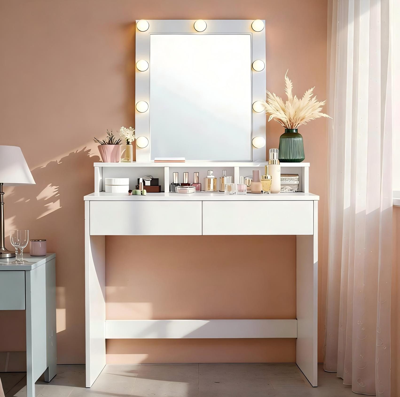 VASAGLE Schminktisch Kosmetiktisch mit LED-Beleuchtung, einstellbare Helligkeit, modern, mit 2 Schubladen und 3 offenen Fächern