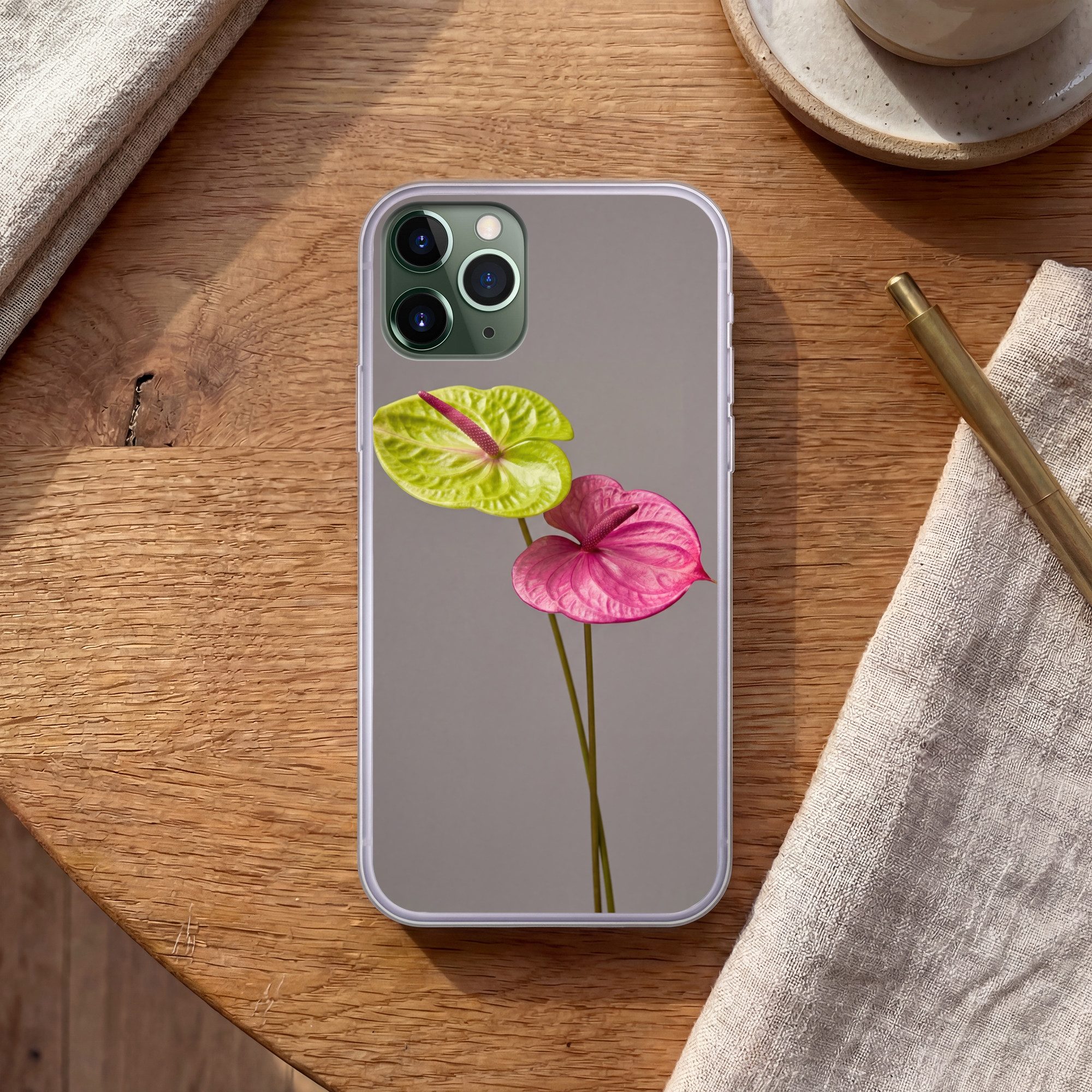MuchoWow Handyhülle für Apple iPhone 11 Pro Pflanzen - Anthurium - Grün - Rosa, Smartphone-Bumper, Print, Handy Schutzhülle Dünn
